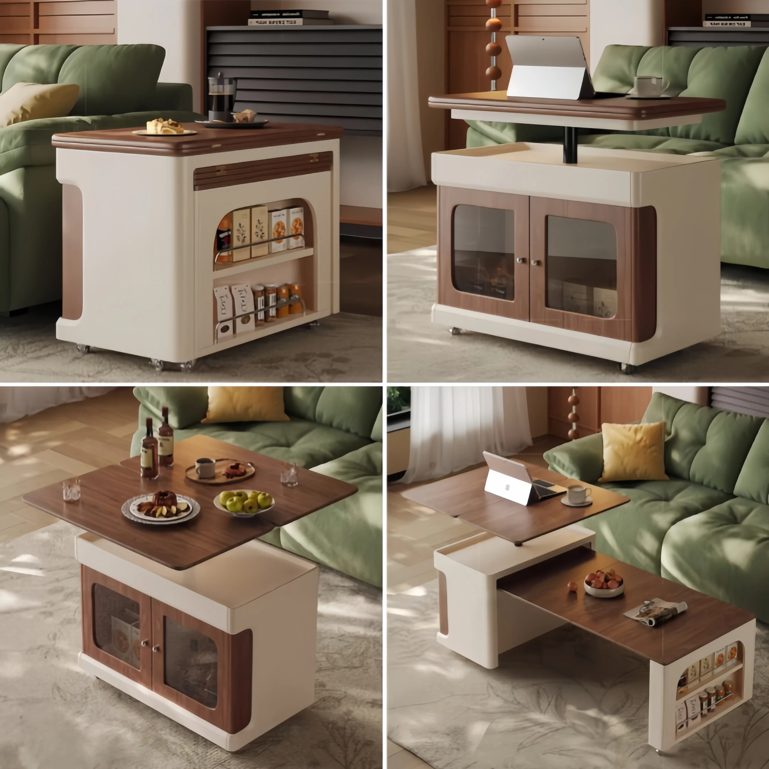 Liftable and Extendable Multifunction Double Tabletop Coffee Table with Universal Wheels