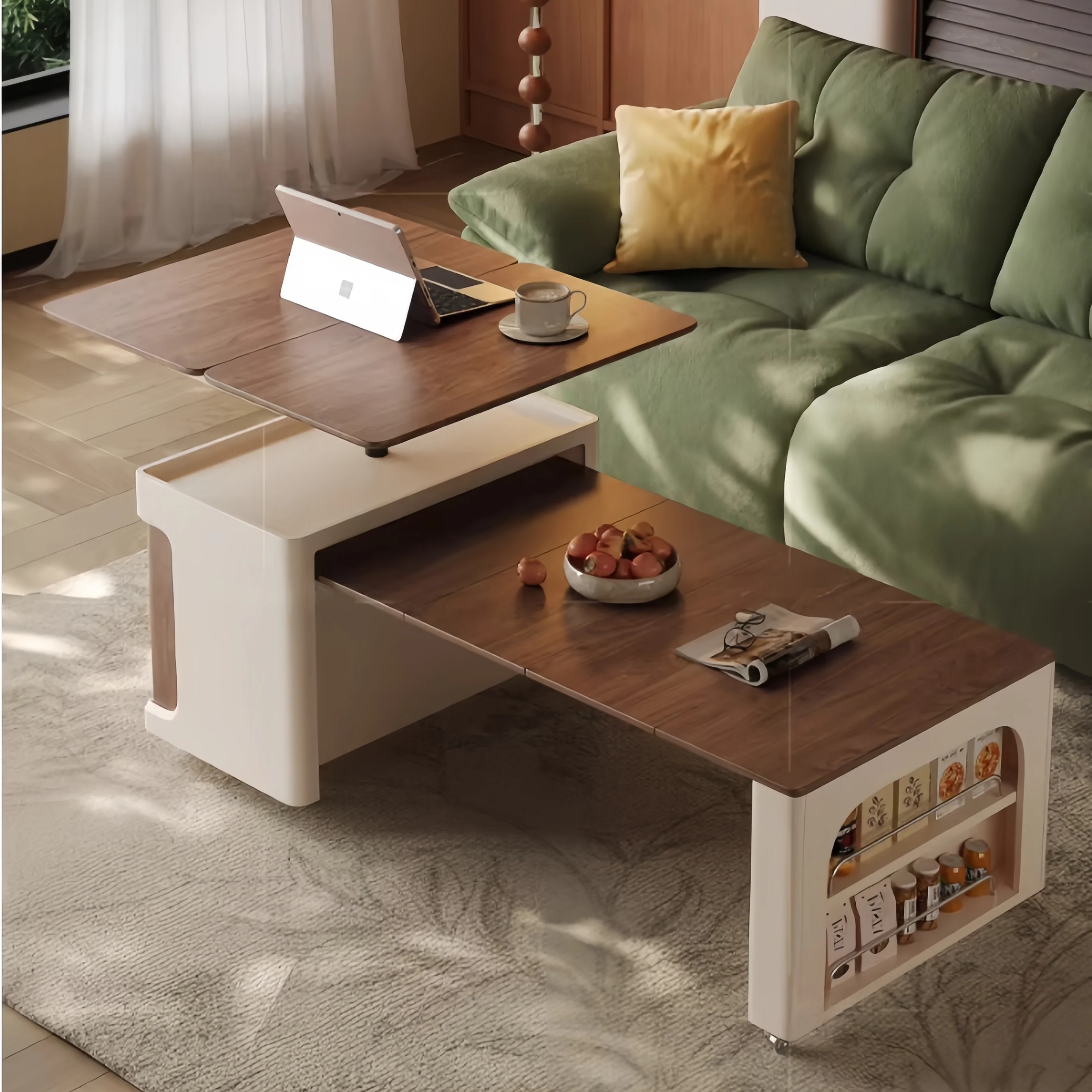 Liftable and Extendable Multifunction Double Tabletop Coffee Table with Universal Wheels - Image 6
