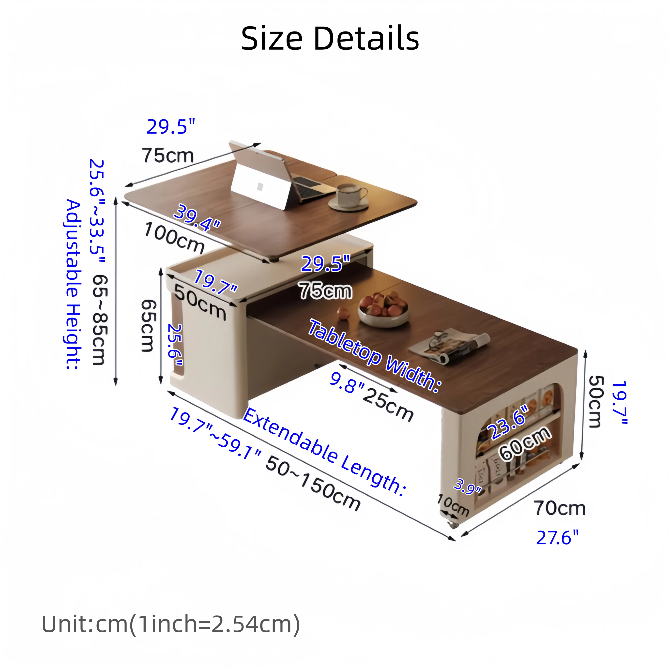 Liftable and Extendable Multifunction Double Tabletop Coffee Table with Universal Wheels - Image 7