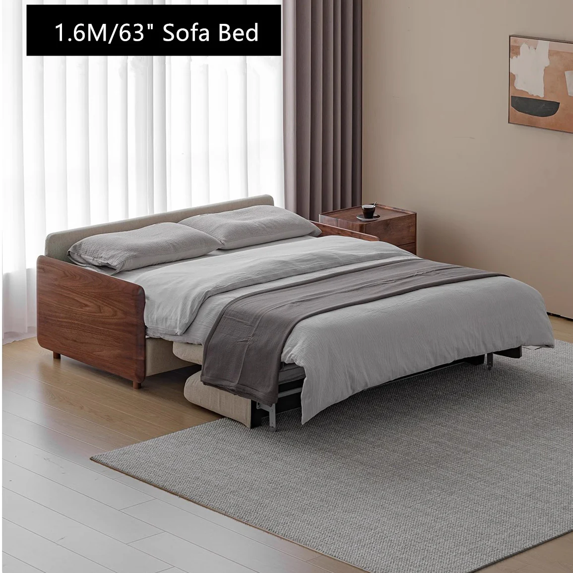 Light Luxury Walnut Wood Armrest Sleeper Sofa Bed with Mattress - Image 10
