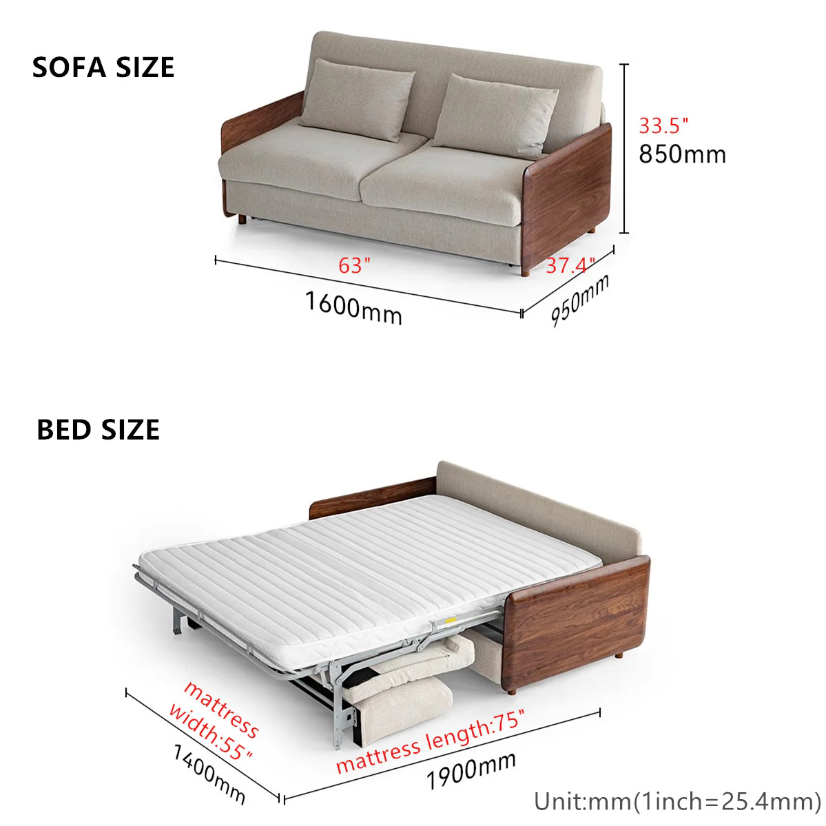 Light Luxury Walnut Wood Armrest Sleeper Sofa Bed with Mattress - Image 14