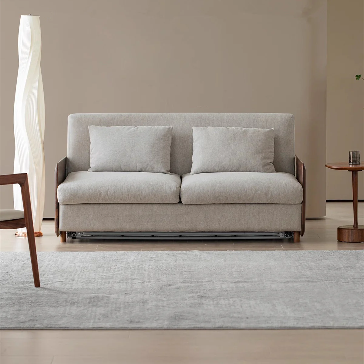 Light Luxury Walnut Wood Armrest Sleeper Sofa Bed with Mattress - Image 2