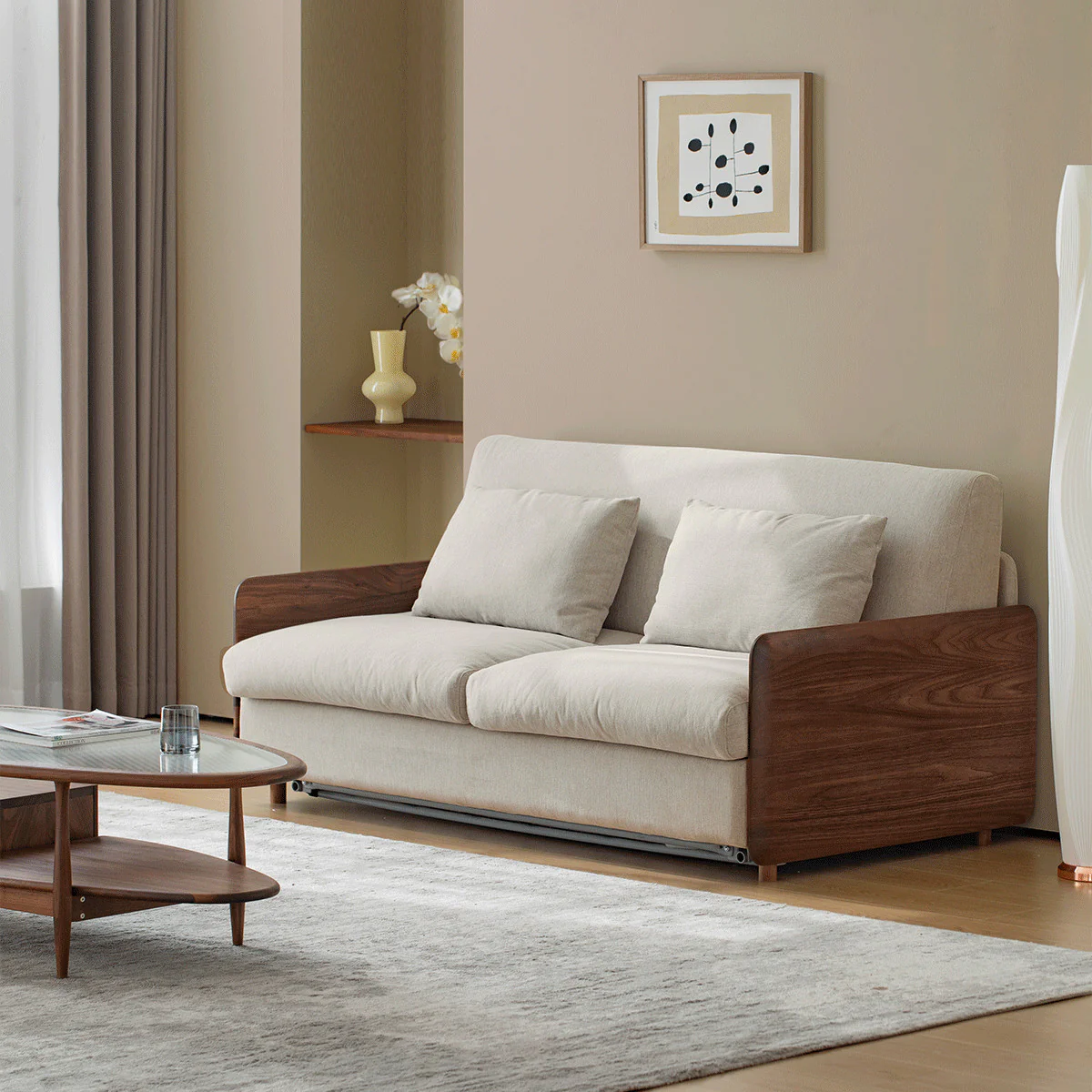 Light Luxury Walnut Wood Armrest Sleeper Sofa Bed with Mattress - Image 3