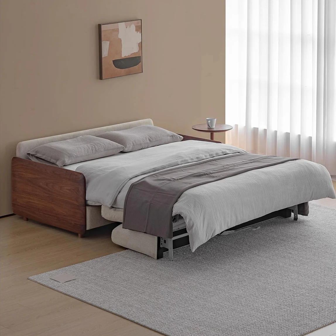 Light Luxury Walnut Wood Armrest Sleeper Sofa Bed with Mattress - Image 4
