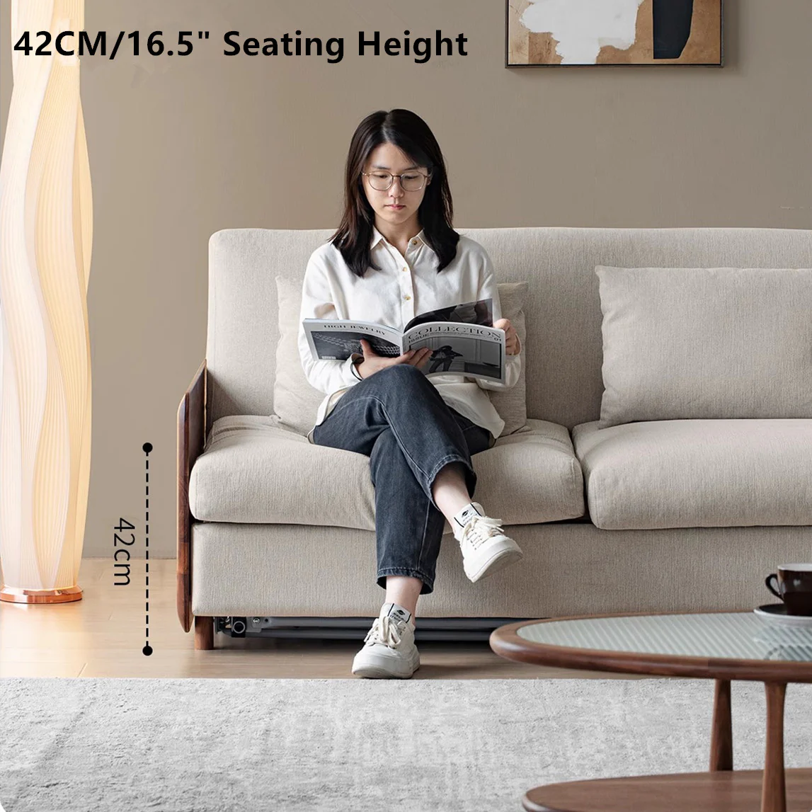 Light Luxury Walnut Wood Armrest Sleeper Sofa Bed with Mattress - Image 7