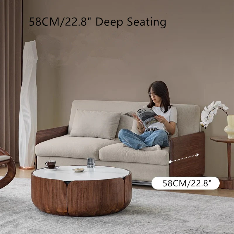 Light Luxury Walnut Wood Armrest Sleeper Sofa Bed with Mattress - Image 8