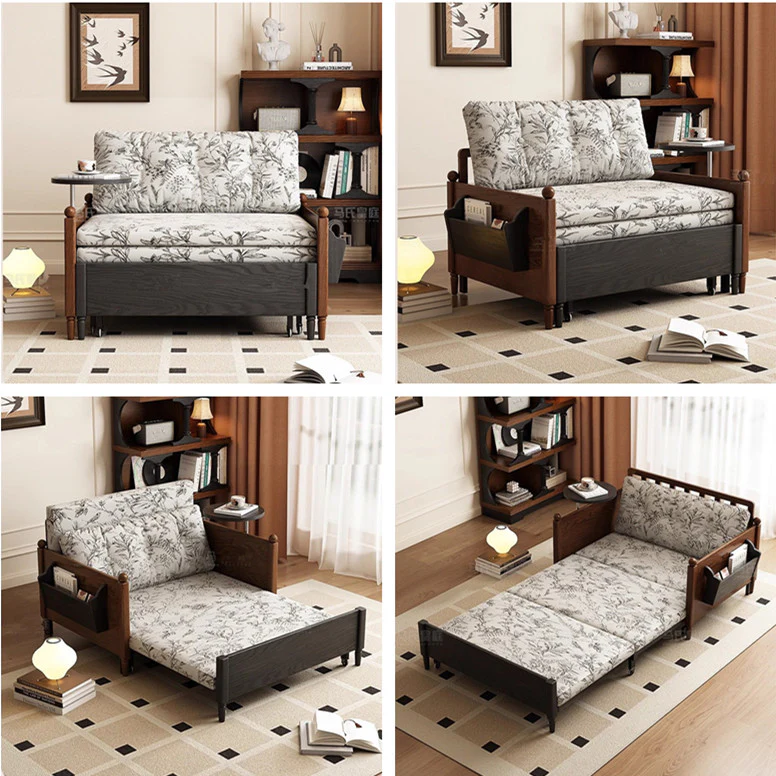 MARKSI Printed Fabric Sofa Bed with Rotating Armrest Table and Portable Storage Box