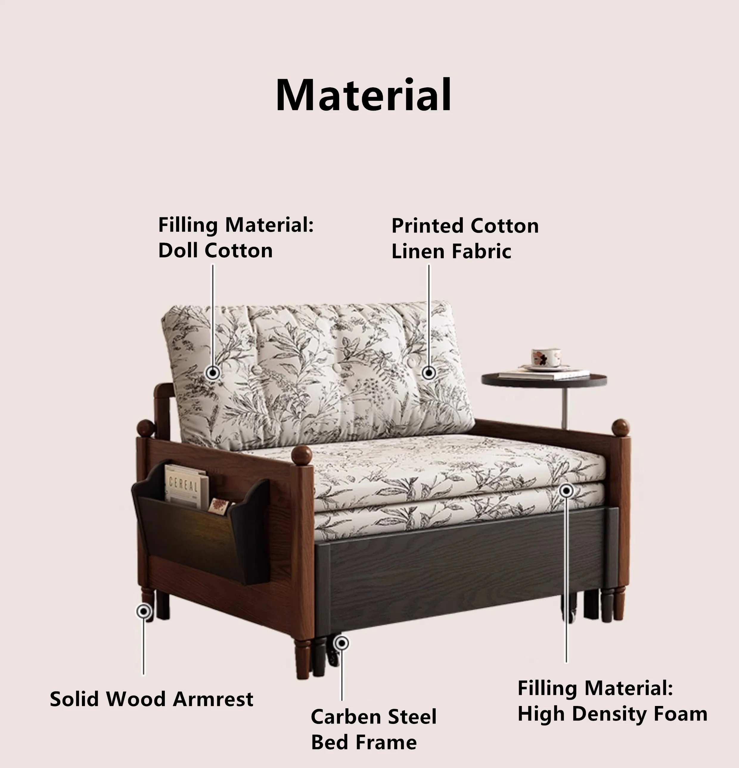 MARKSI Printed Fabric Sofa Bed with Rotating Armrest Table and Portable Storage Box - Image 12
