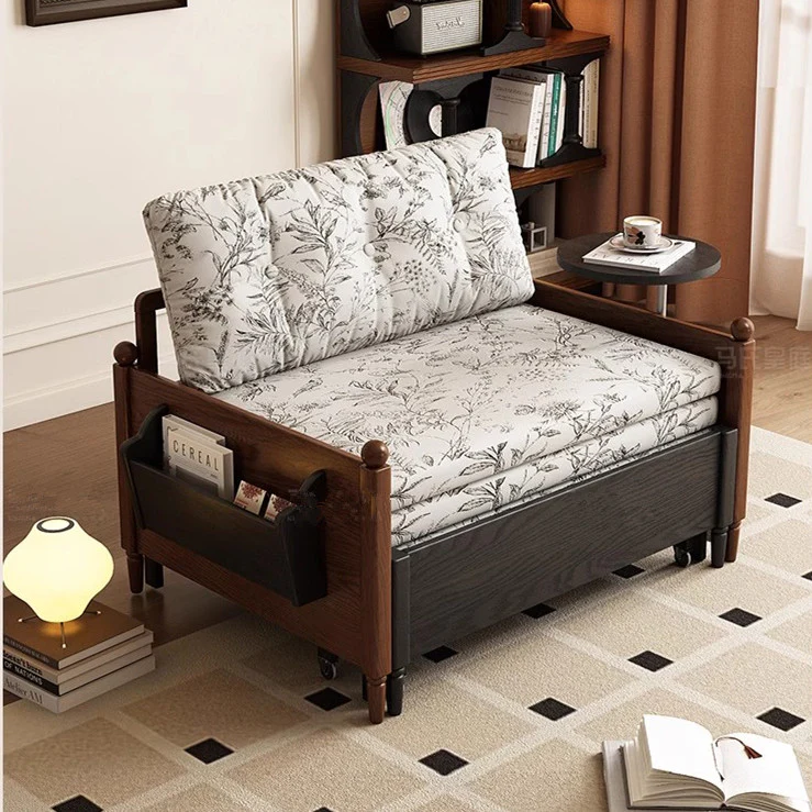 MARKSI Printed Fabric Sofa Bed with Rotating Armrest Table and Portable Storage Box - Image 2