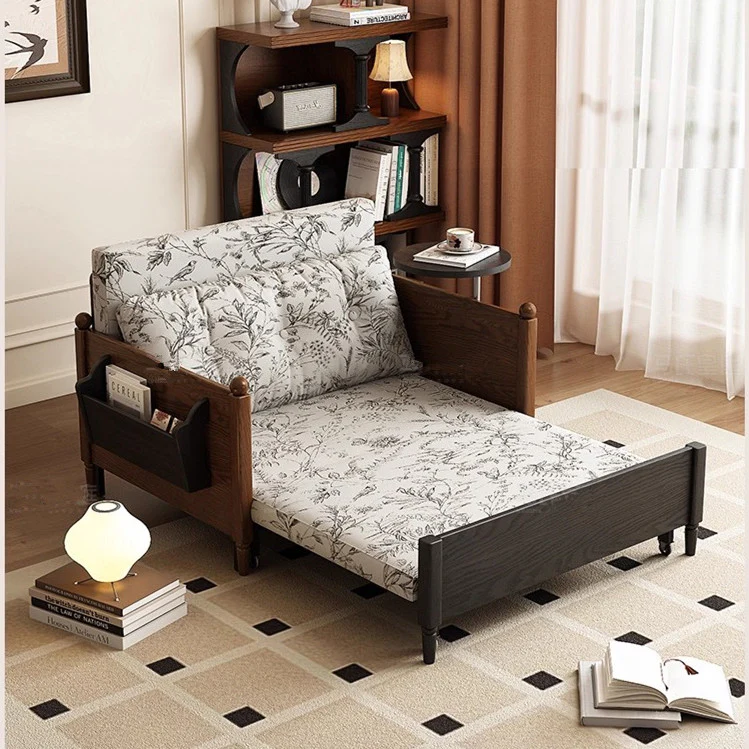 MARKSI Printed Fabric Sofa Bed with Rotating Armrest Table and Portable Storage Box - Image 3