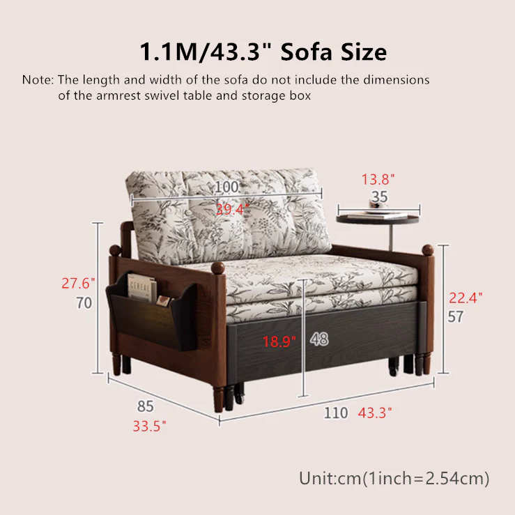 MARKSI Printed Fabric Sofa Bed with Rotating Armrest Table and Portable Storage Box - Image 9