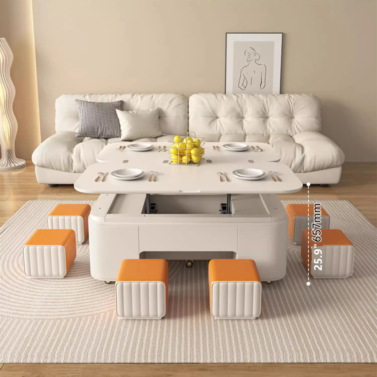 Minimalist Style Lifting Tabletop Multifunctional Coffee Table With Stools - Image 4