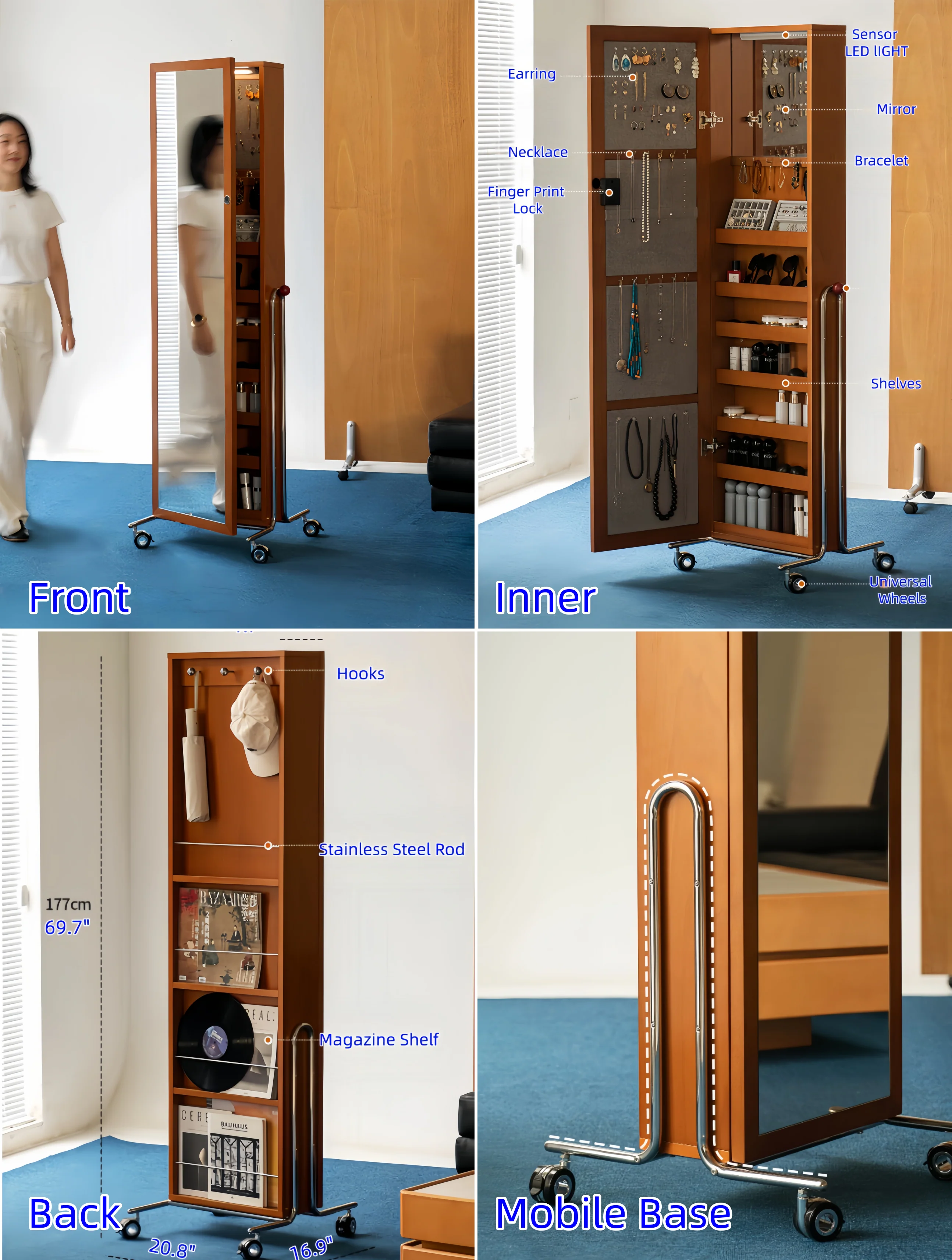 Mobile Jewelry Armoire Organizer with Full-Length Mirror and Fingerprint Lock