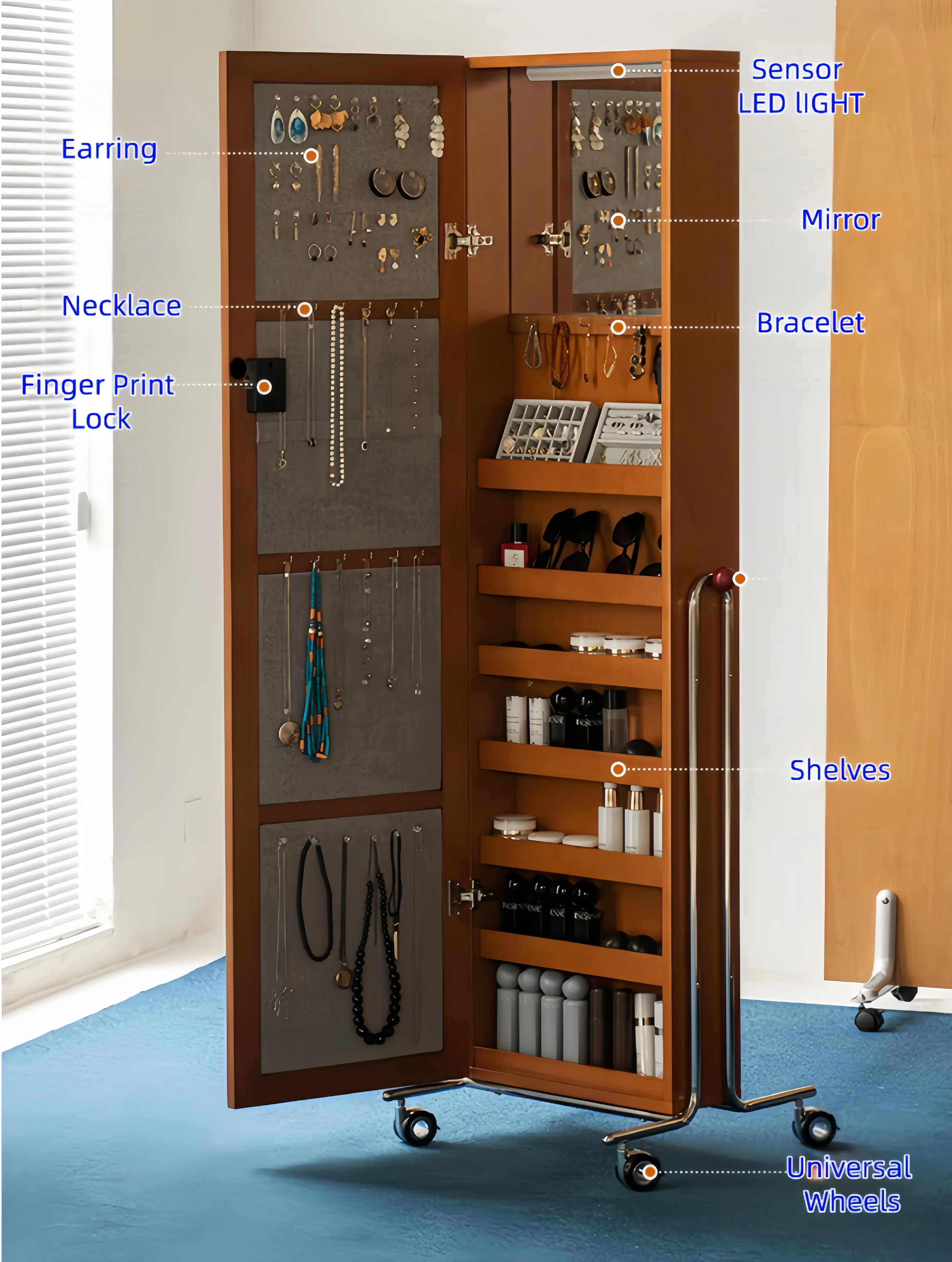 Mobile Jewelry Armoire Organizer with Full-Length Mirror and Fingerprint Lock - Image 4