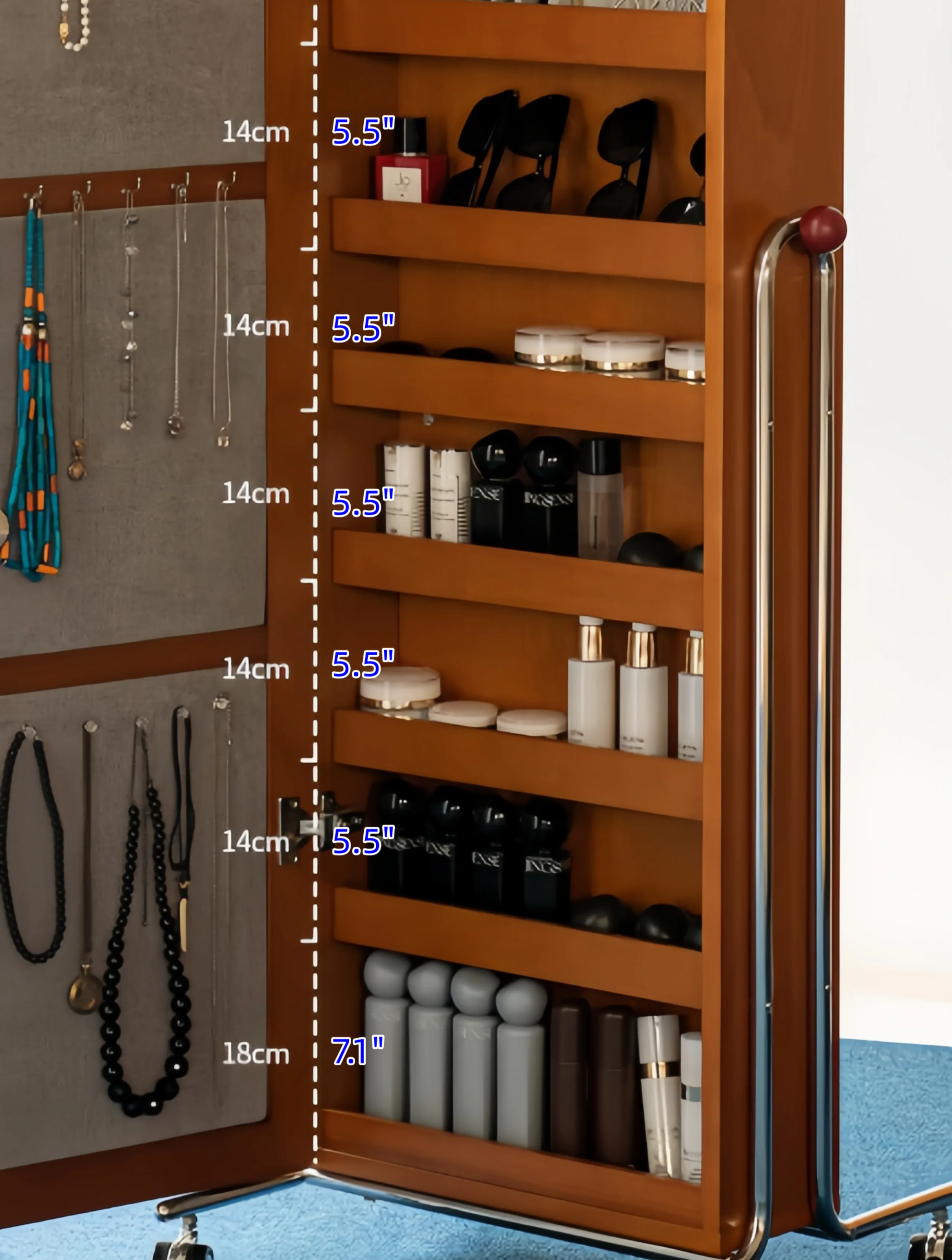 Mobile Jewelry Armoire Organizer with Full-Length Mirror and Fingerprint Lock - Image 9