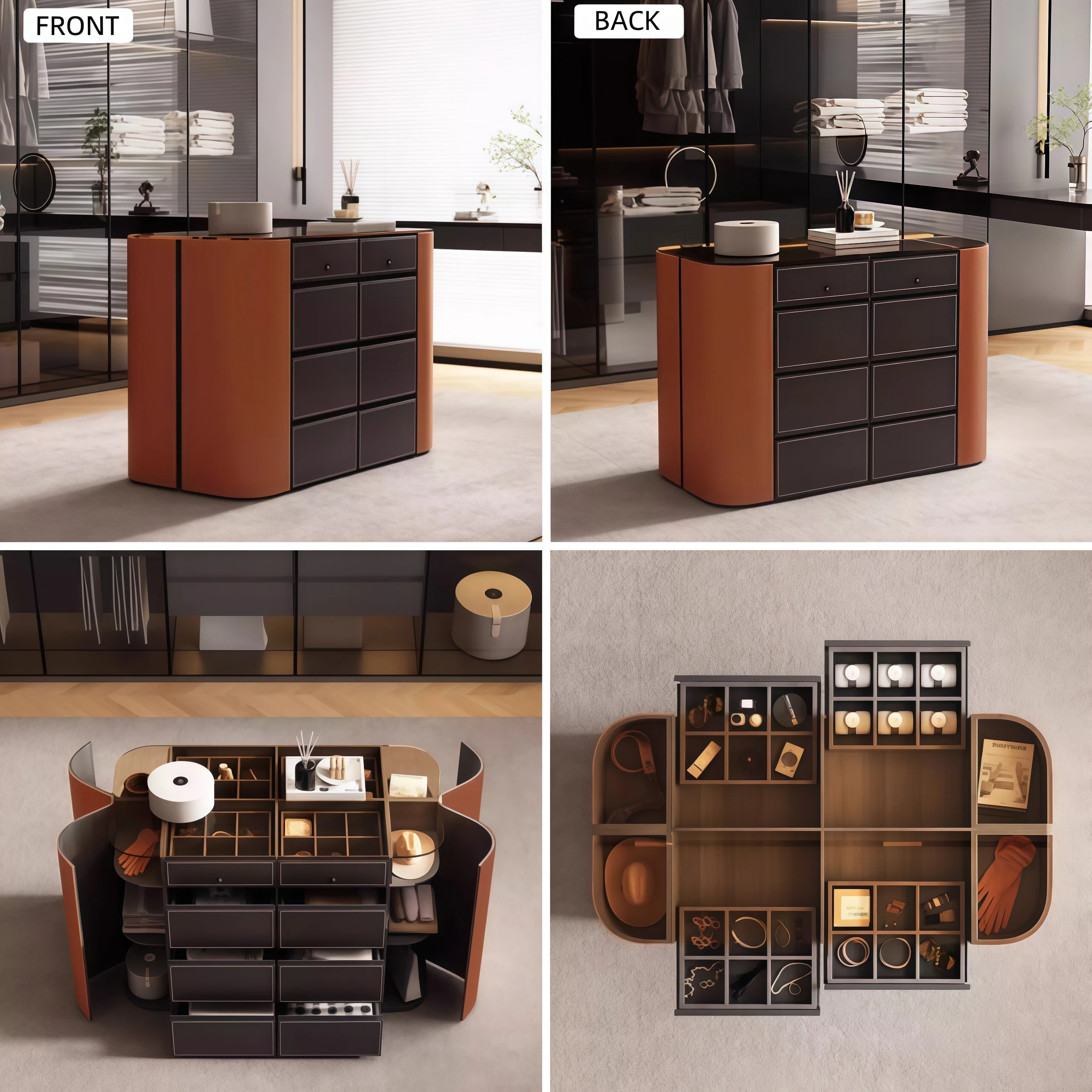 Modern Closet Island Storage Cabinet with Brown Tempered Glass Top