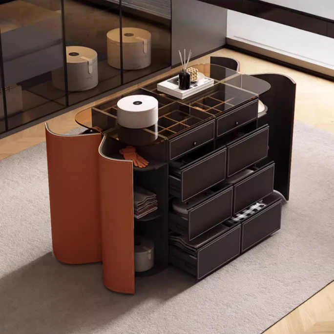 Modern Closet Island Storage Cabinet with Brown Tempered Glass Top - Image 4