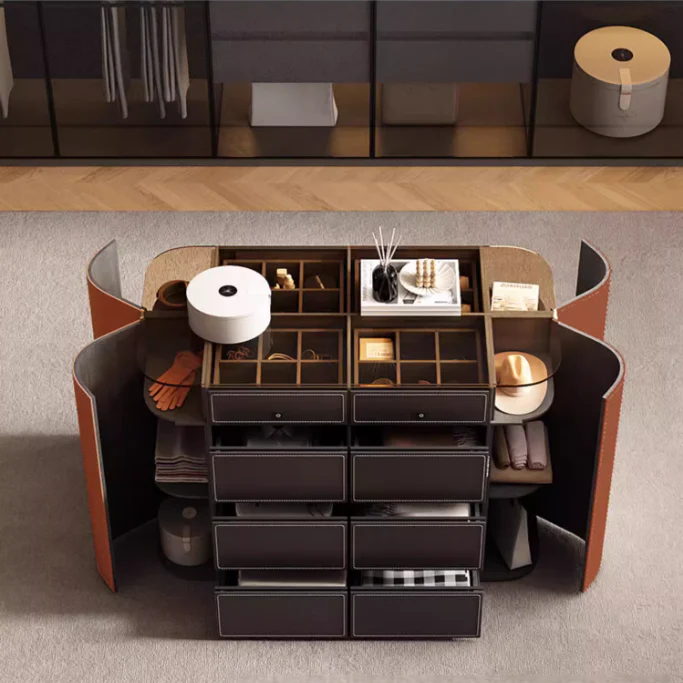 Modern Closet Island Storage Cabinet with Brown Tempered Glass Top - Image 5