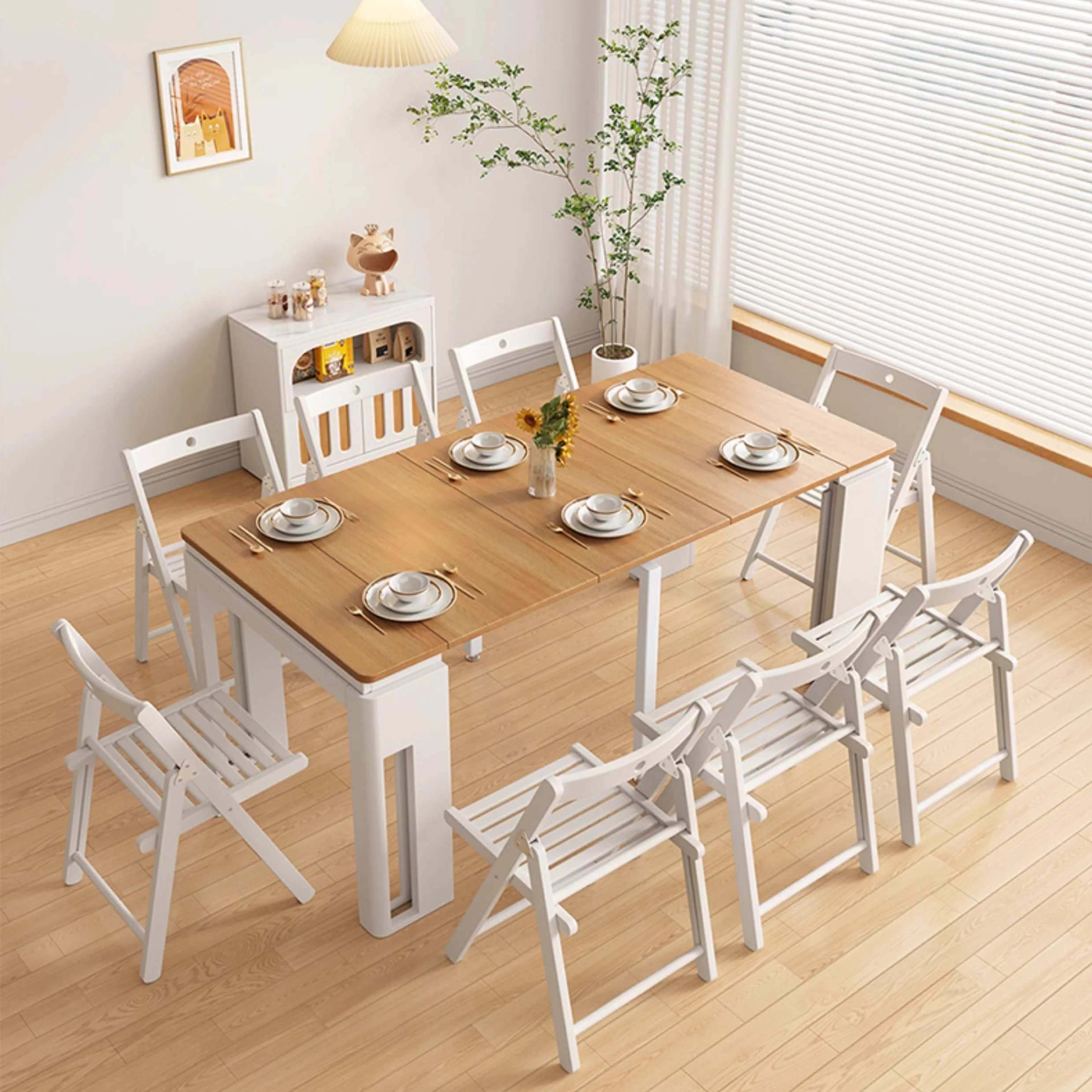 Modern Extendable Dining Table With 4 Marble Leaves and Storage Sideboard Cabinet - Image 13