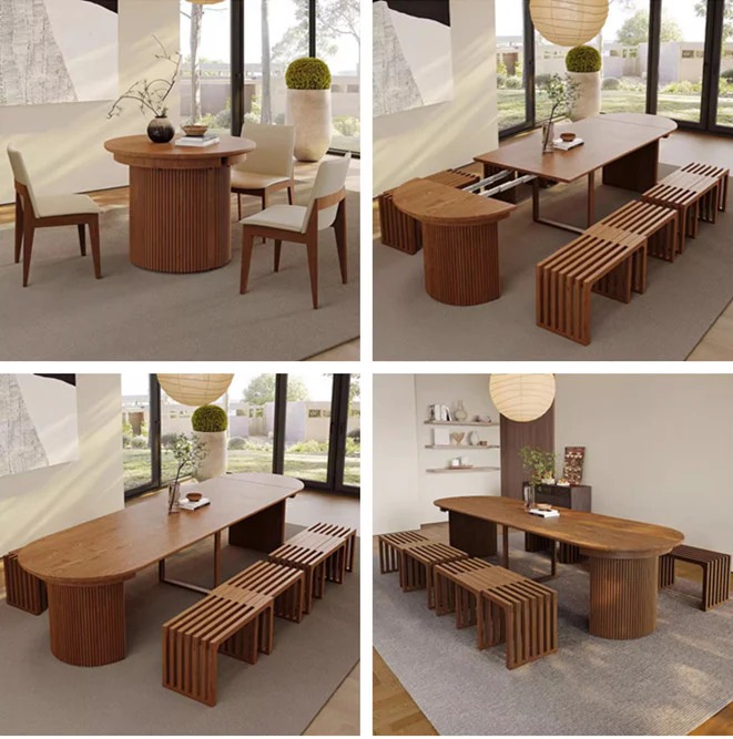 Modern Extendable Round Dining Table with Adjustable Tabletop Leaves
