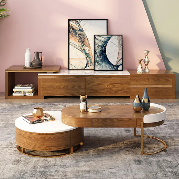 Modern Nordic Light Luxury Round Coffee Table with 4 Storage Drawers - Image 3