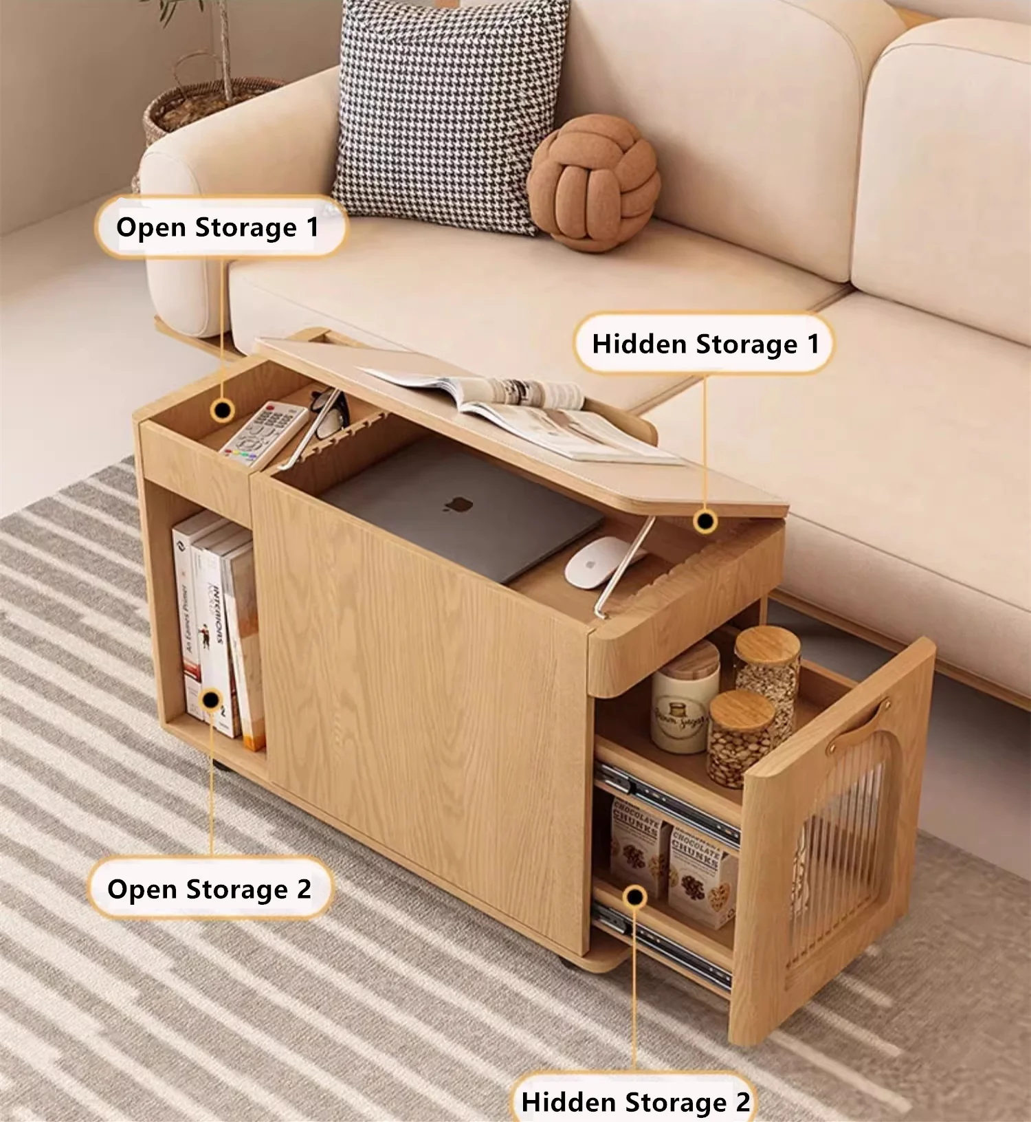 Multifunction End Table with Adjustable Tabletop and Universal Wheels - Image 2