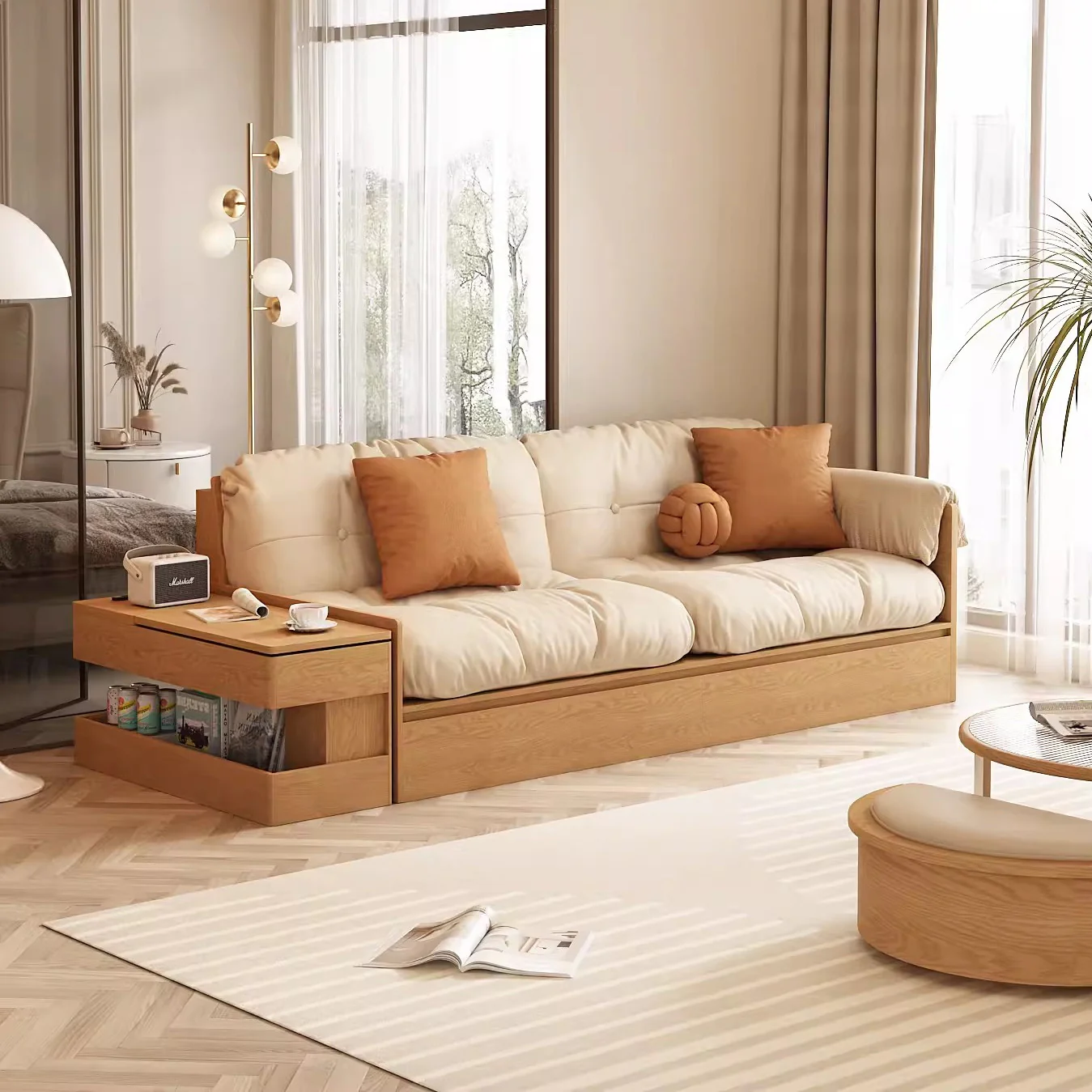 Multifunction Fabric High Box Storage Sofa with Armrest Table and Drawers - Image 3