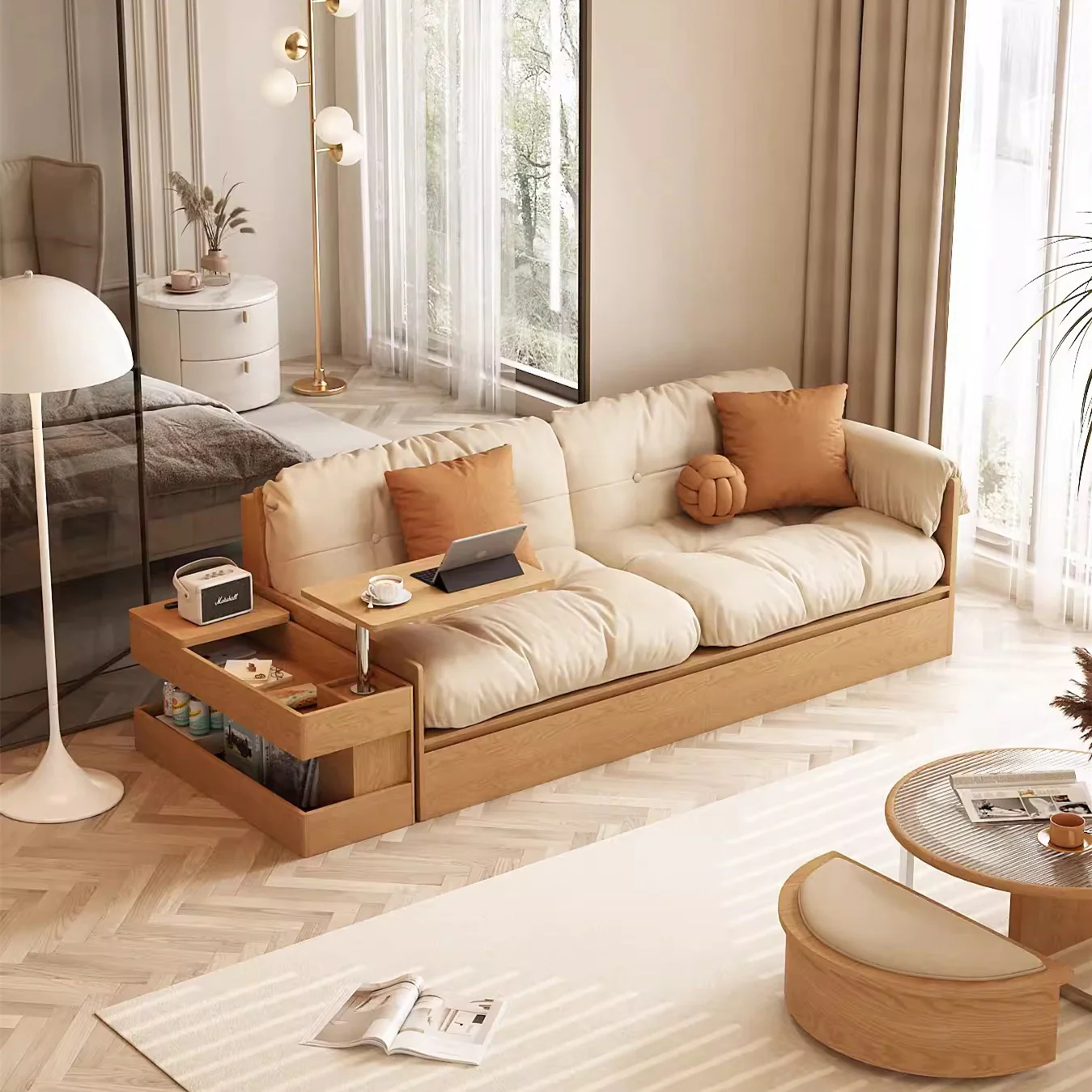 Multifunction Fabric High Box Storage Sofa with Armrest Table and Drawers - Image 4