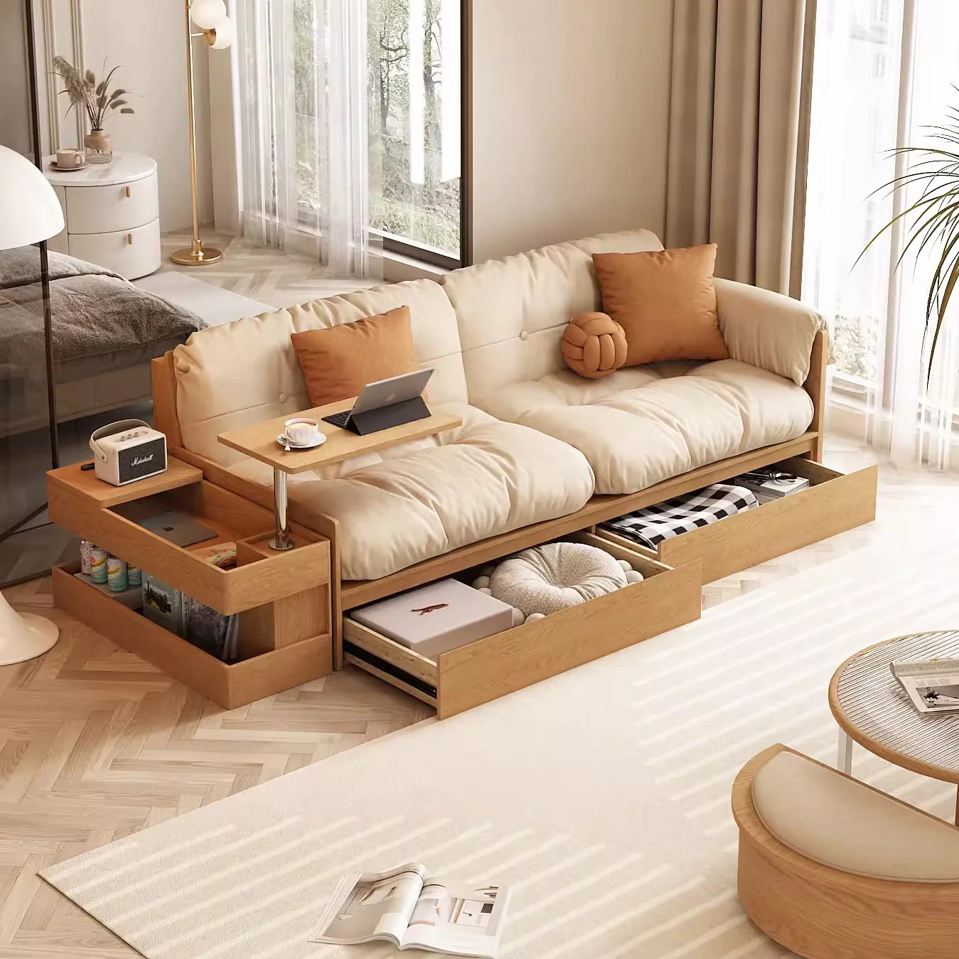 Multifunction Fabric High Box Storage Sofa with Armrest Table and Drawers - Image 5