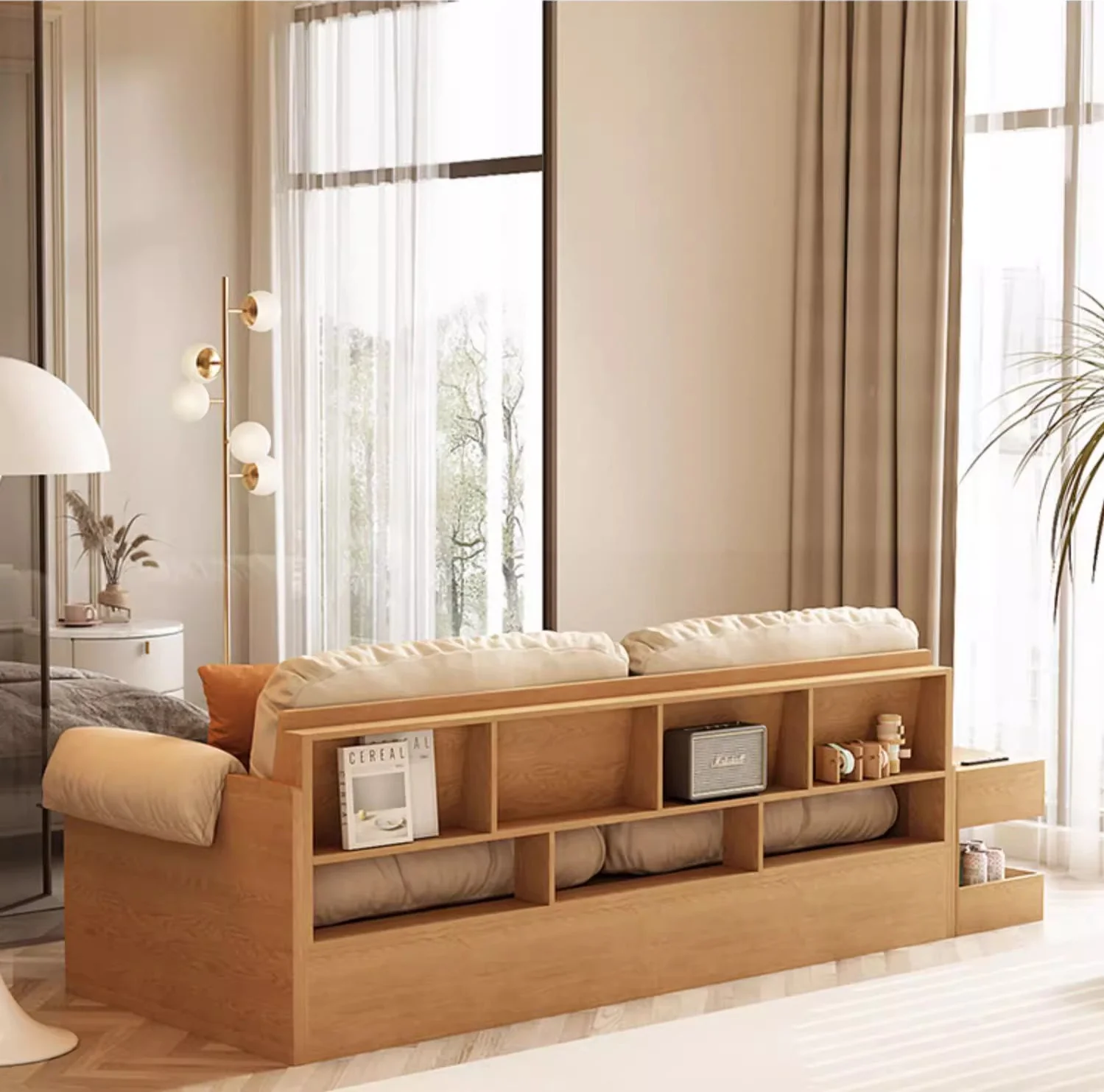 Multifunction Fabric High Box Storage Sofa with Armrest Table and Drawers - Image 6