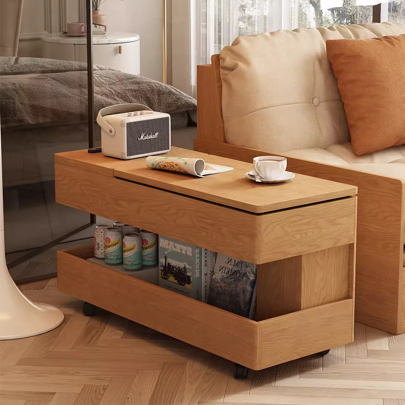 Multifunction Fabric High Box Storage Sofa with Armrest Table and Drawers - Image 7