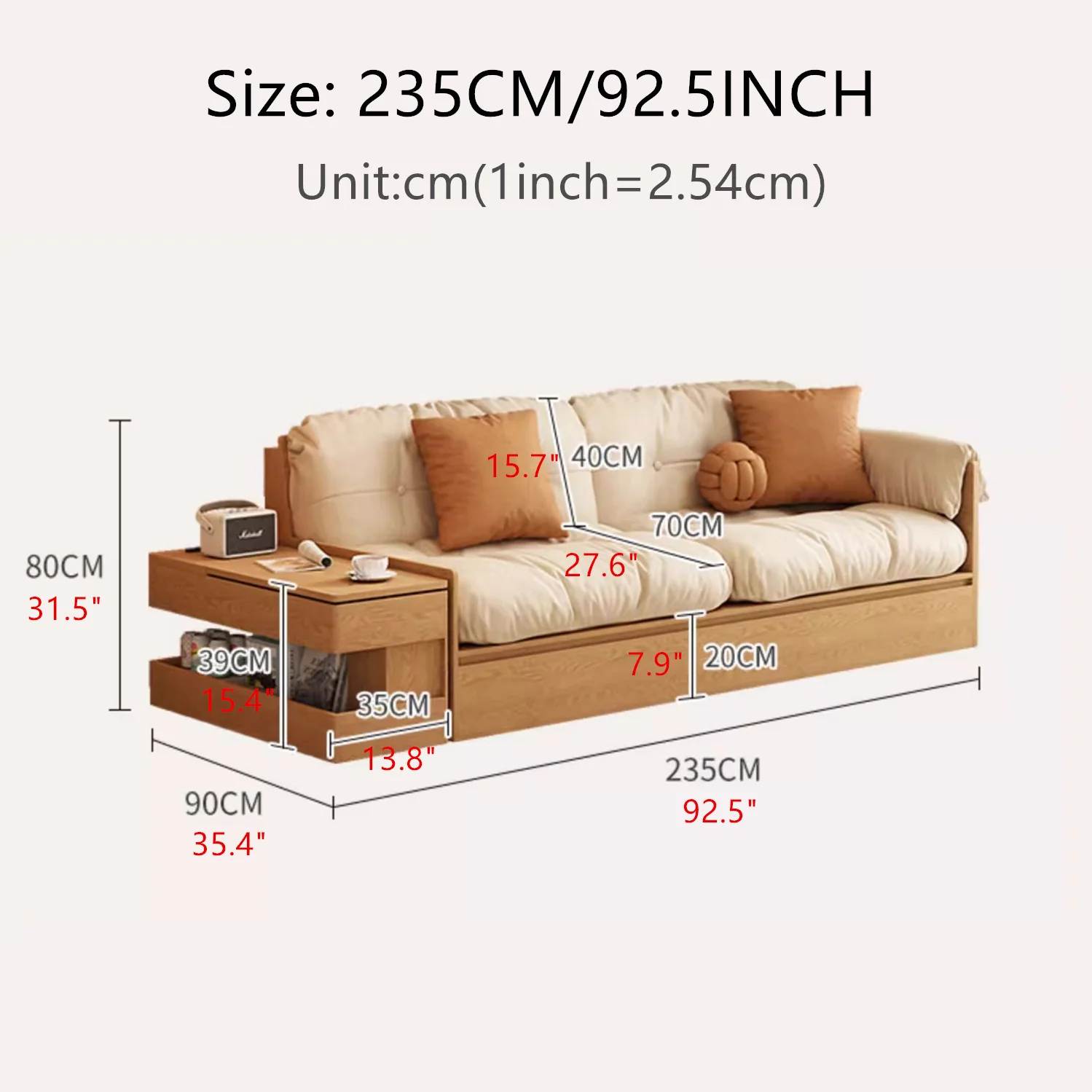 Multifunction Fabric High Box Storage Sofa with Armrest Table and Drawers - Image 8