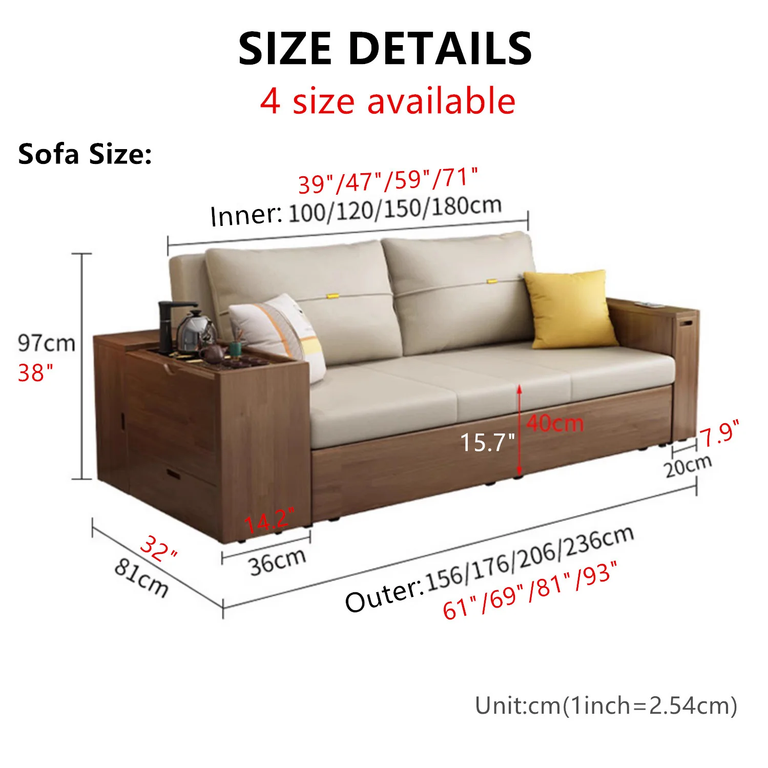 Multifunction Sofa Bed with Gongfu Tea Table Armrest and Underneath Storage - Image 12