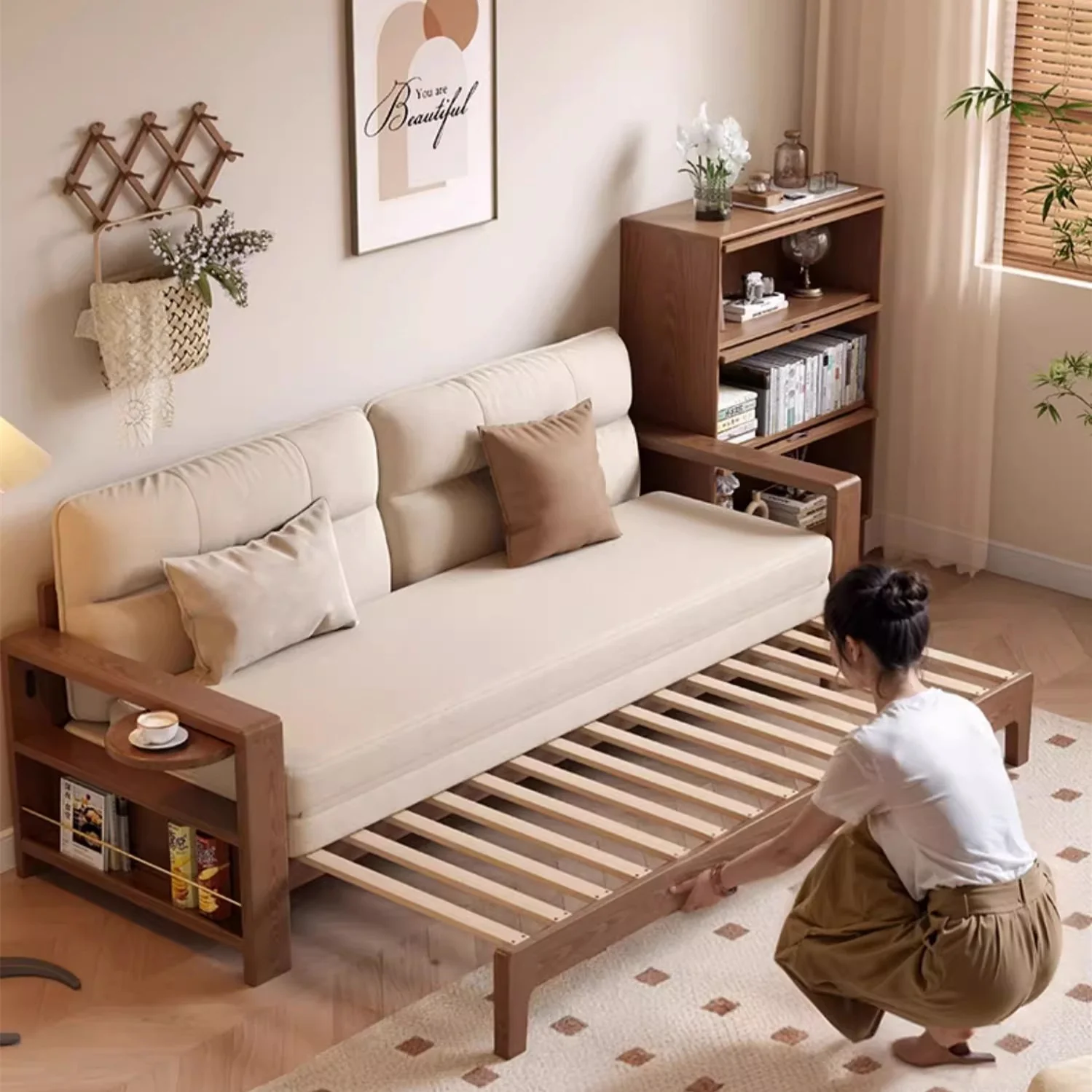 Multifunctional Retractable Sofa Bed with Wide Armrest and Storage Shelf - Image 3