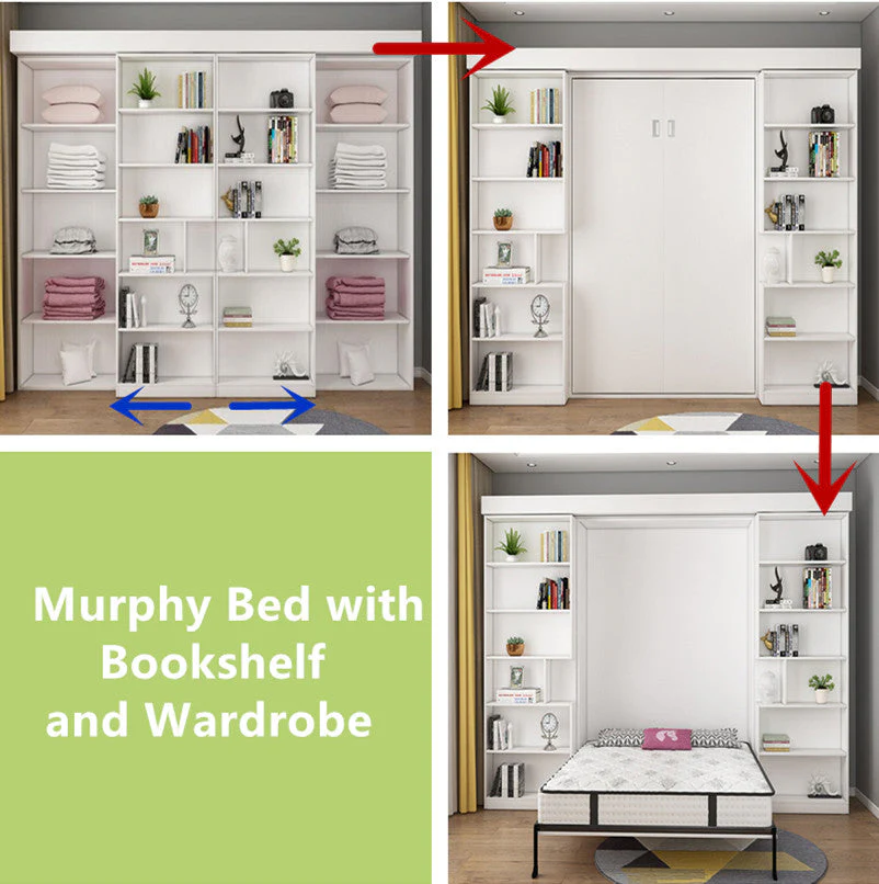 Murphy Bed with Bookshelf and Wardrobe and Foldable Desk - Image 5