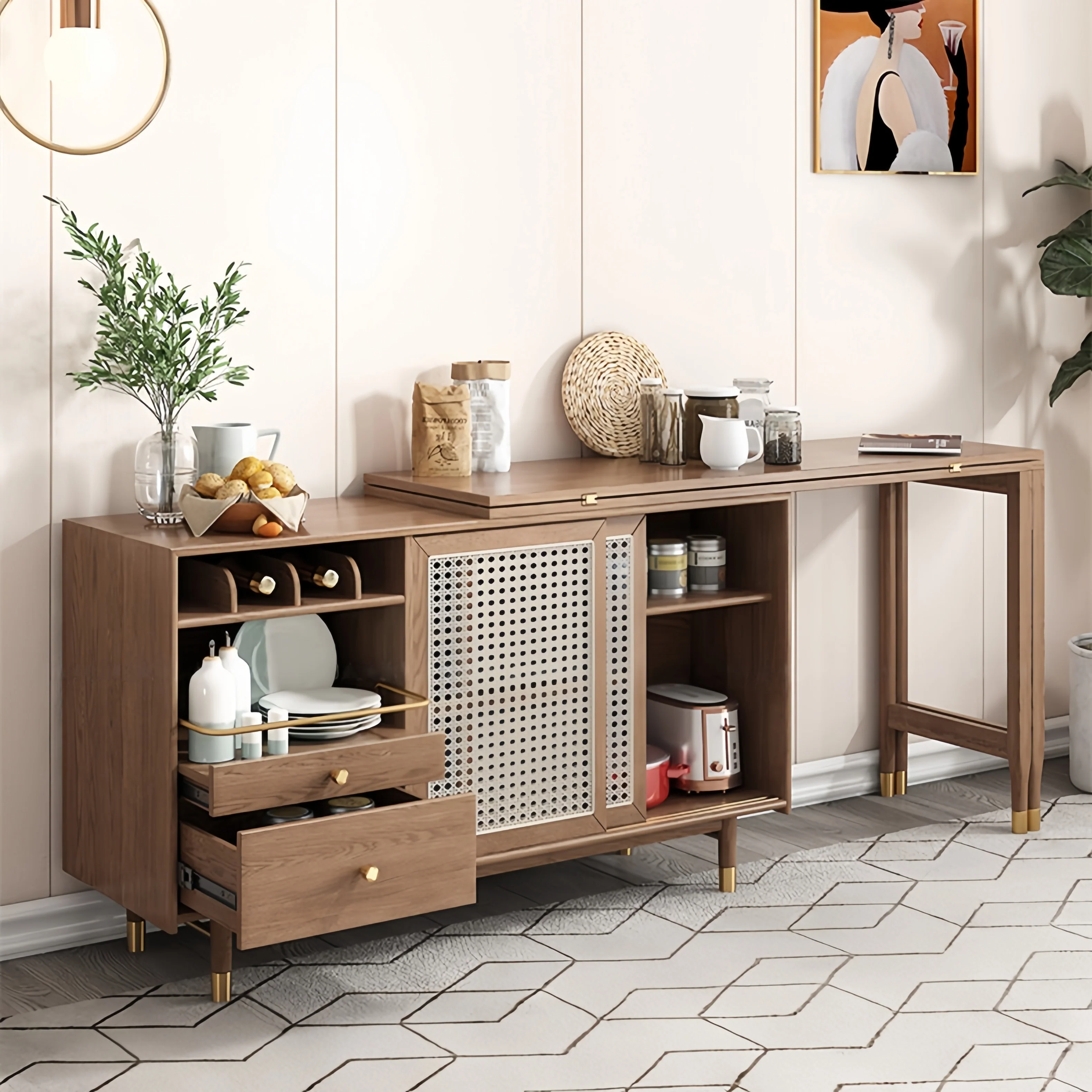 New Design Folding and Expandable Multifunction Dining Table with Side Cabinet - Image 3