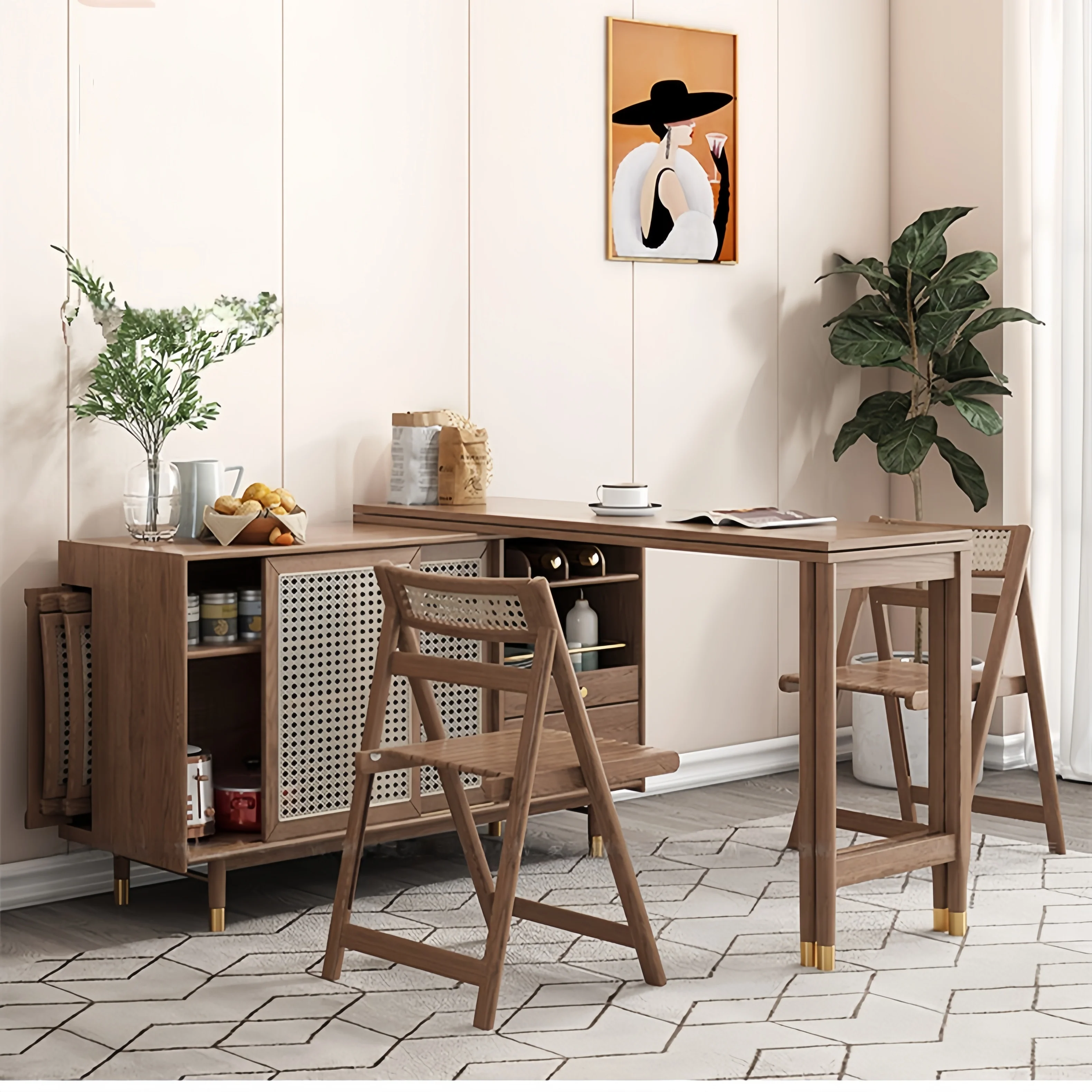 New Design Folding and Expandable Multifunction Dining Table with Side Cabinet - Image 4