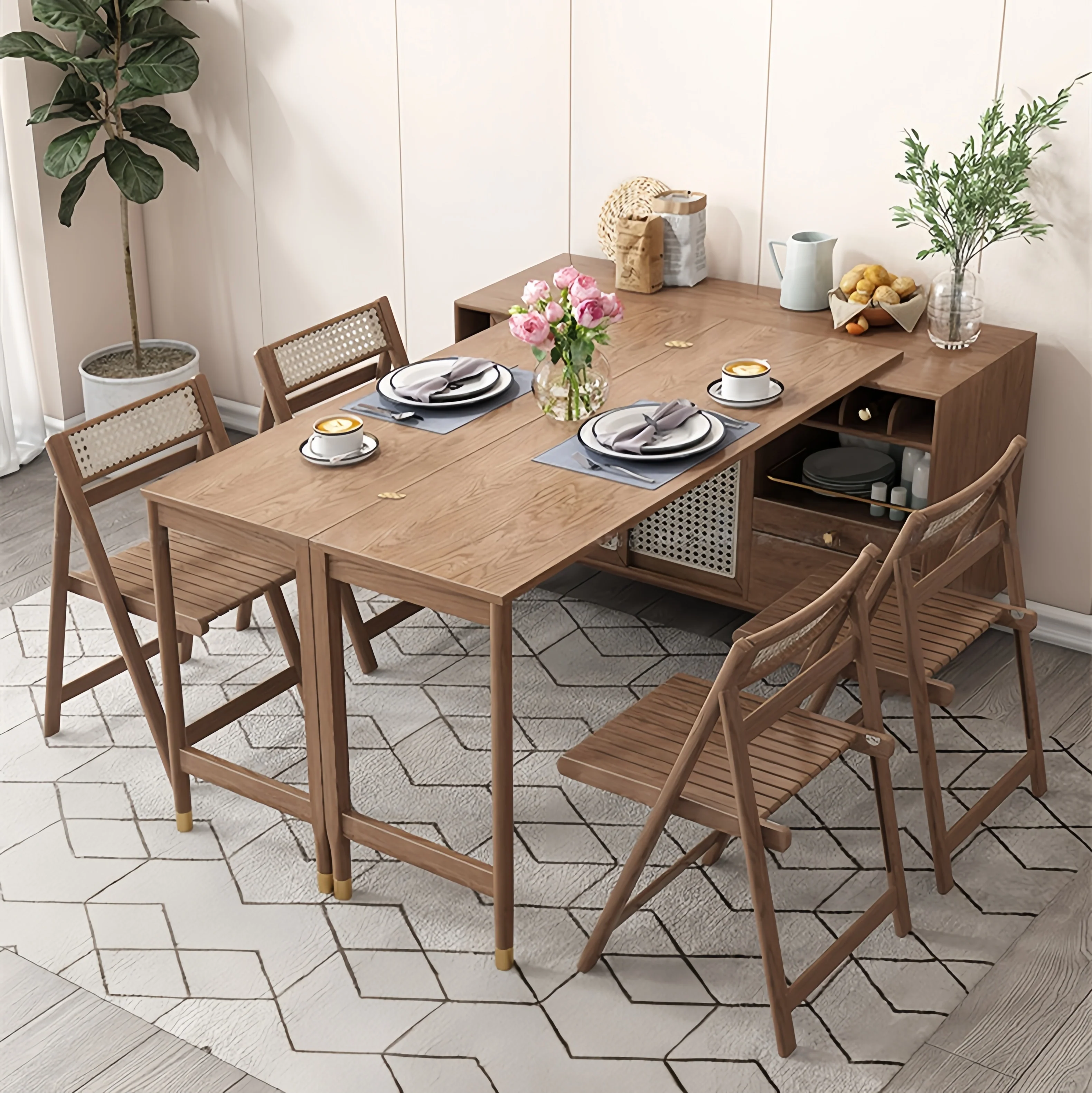 New Design Folding and Expandable Multifunction Dining Table with Side Cabinet - Image 5