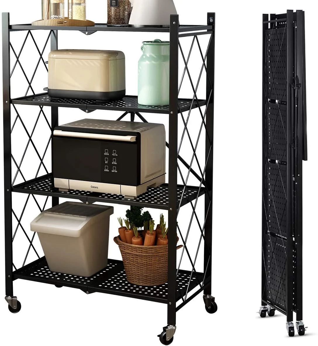 No Assembly Folding Metal Storage Shelves with Wheels for Garage, Bedroom, Kitchen,and Pantry
