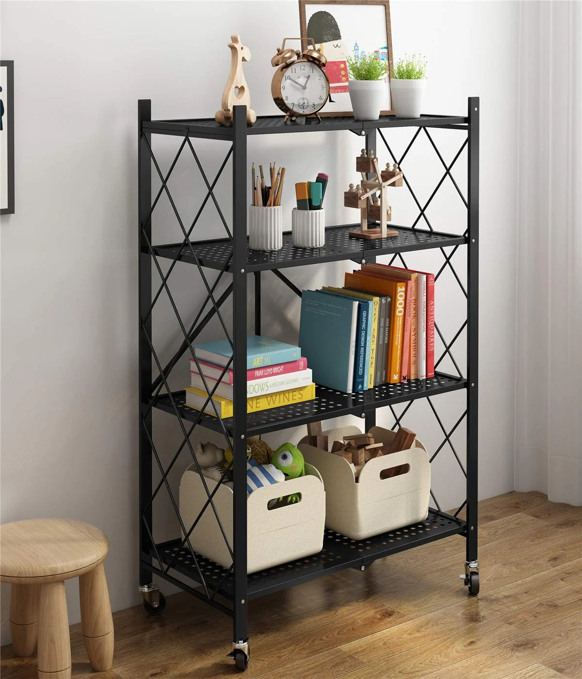No Assembly Folding Metal Storage Shelves with Wheels for Garage, Bedroom, Kitchen,and Pantry - Image 2