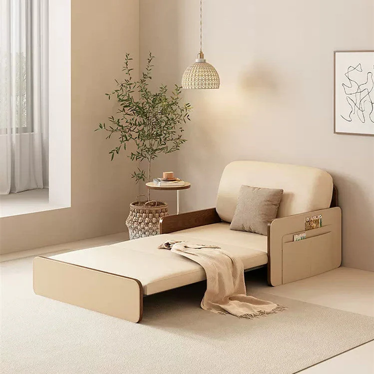 Nordic Modern Leathair Pull Out Sofa Bed with Rotating Desk - Image 4