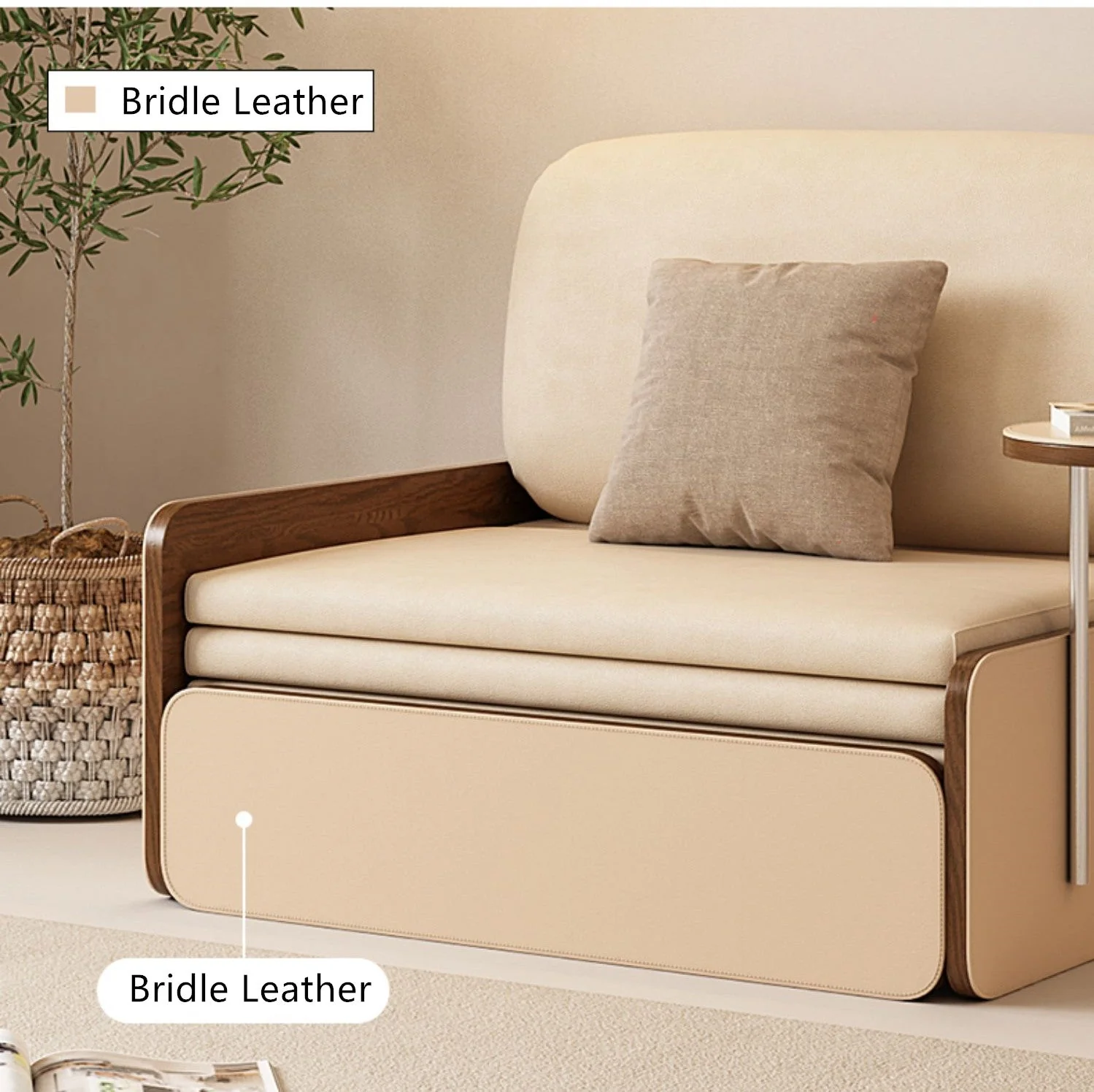 Nordic Modern Leathair Pull Out Sofa Bed with Rotating Desk - Image 6