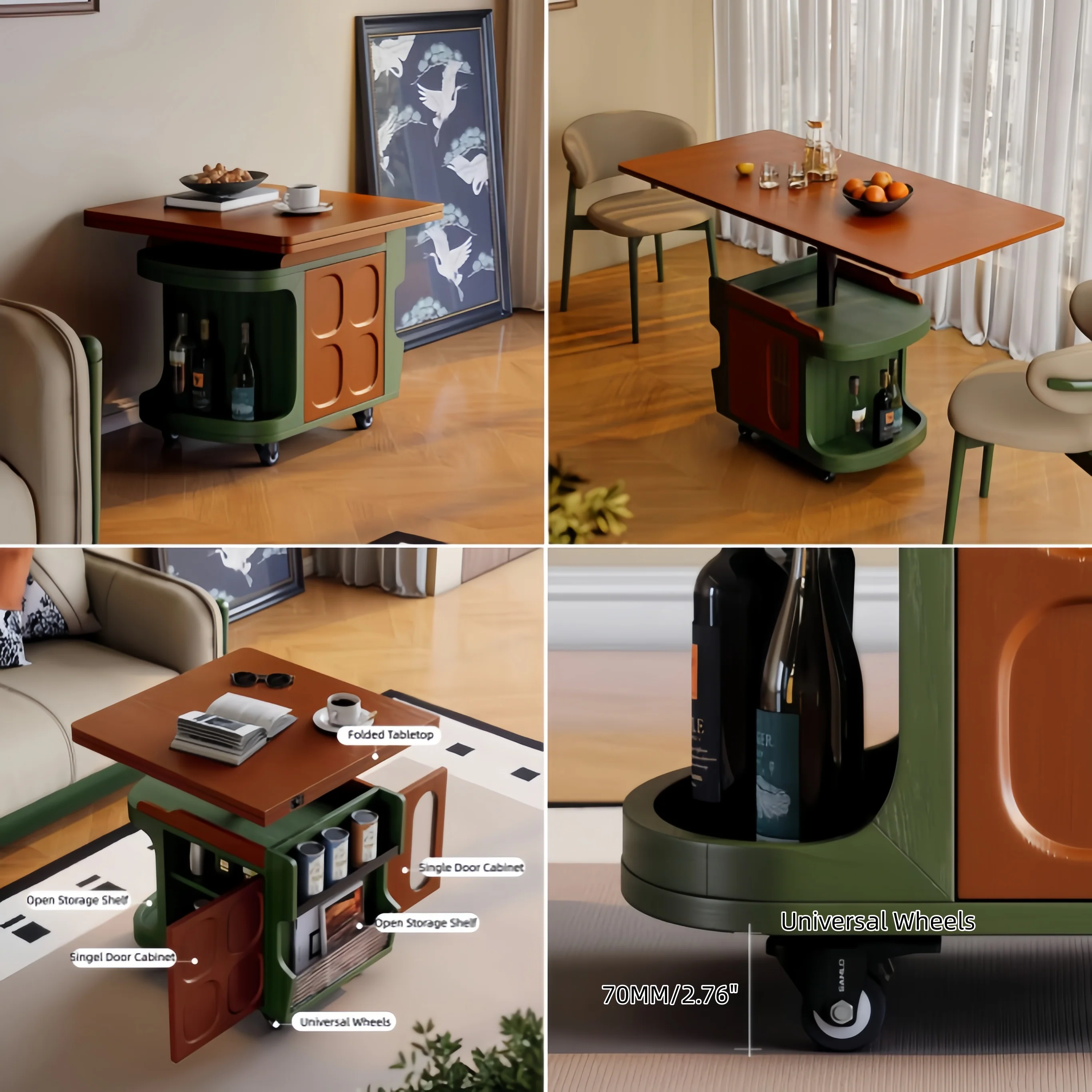 Nordic Retro Liftable End Table with Storage and Universal Wheels