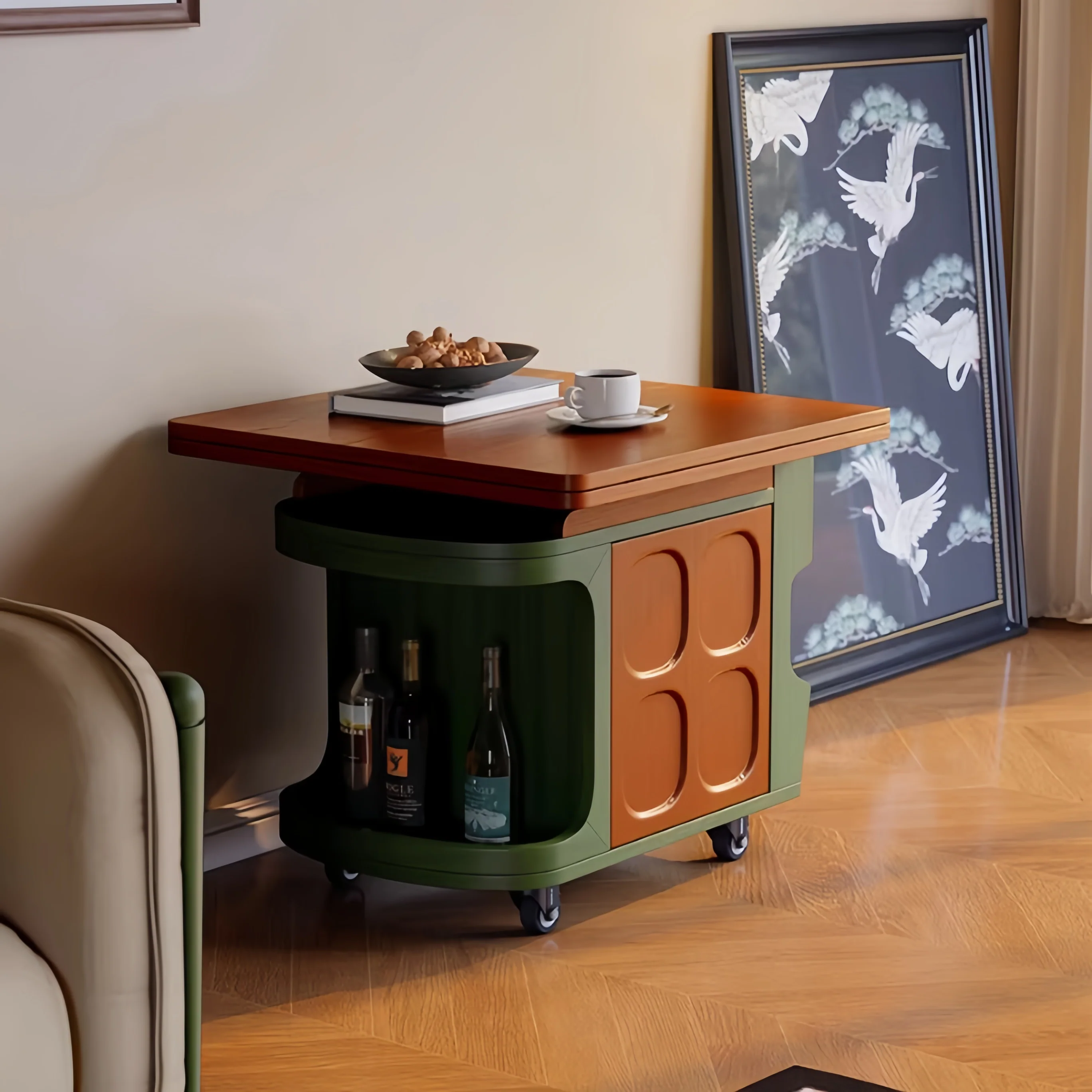 Nordic Retro Liftable End Table with Storage and Universal Wheels - Image 2