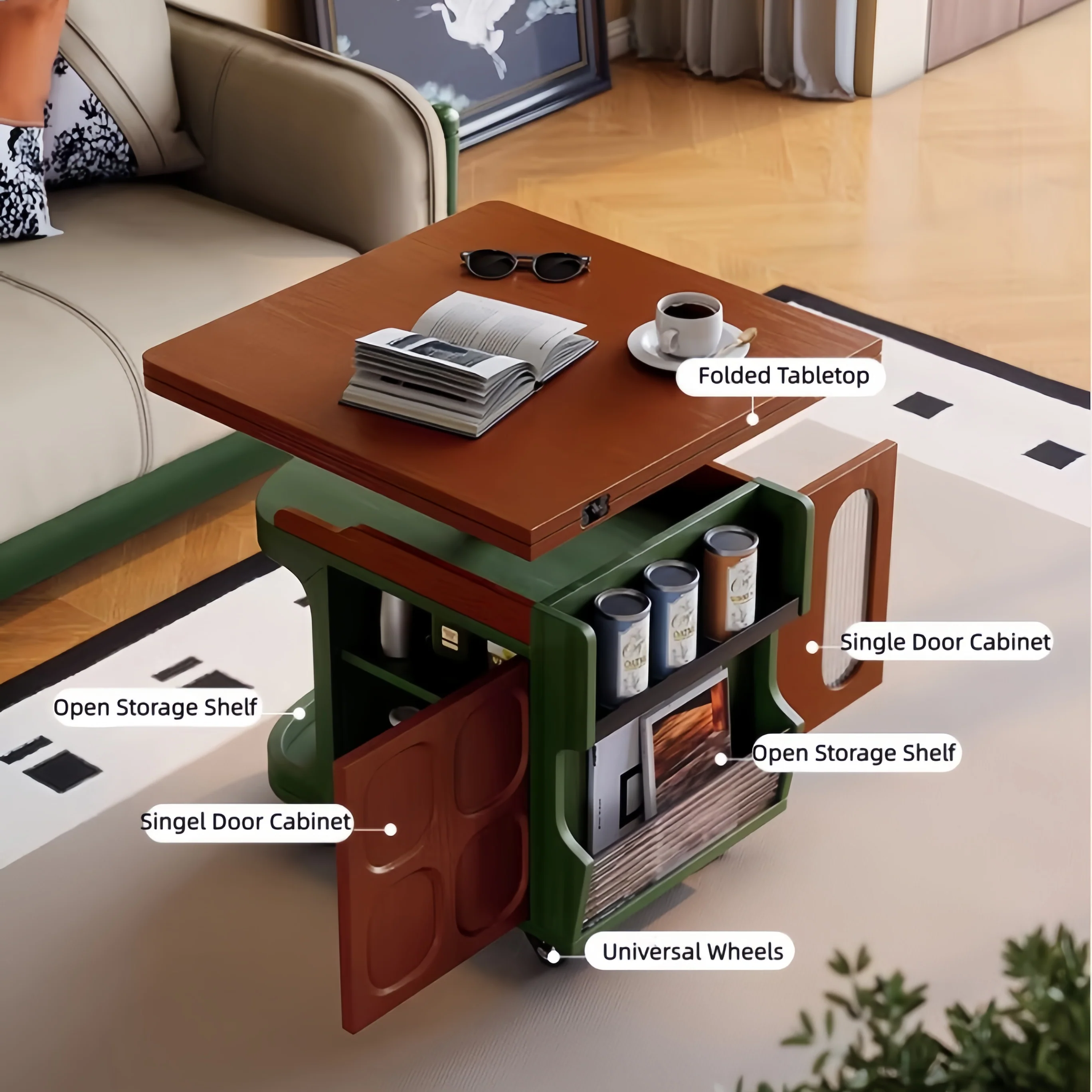 Nordic Retro Liftable End Table with Storage and Universal Wheels - Image 4