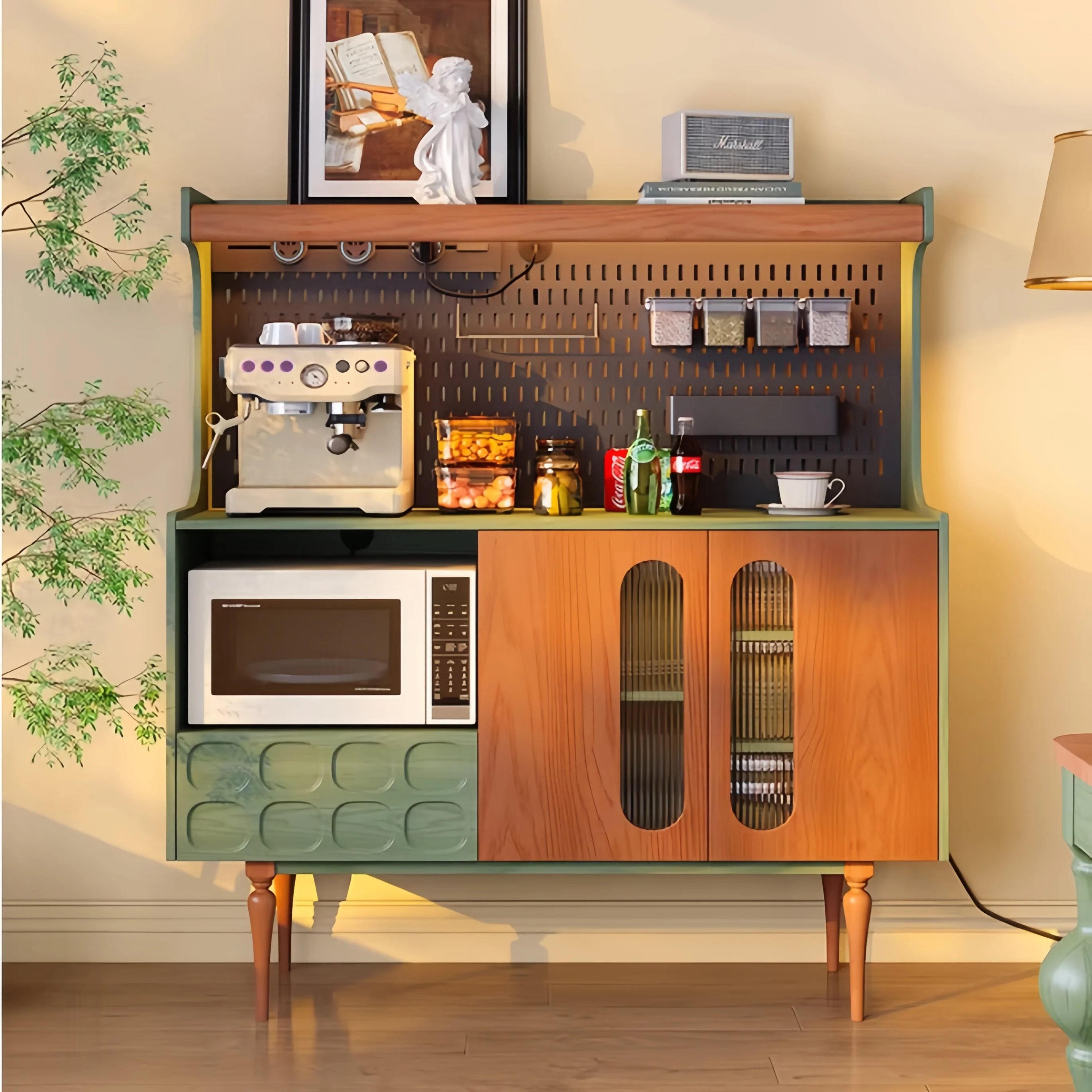 Nordic Retro Solid Wood Sideboard Cabinet with DIY Pegboard