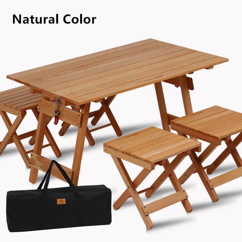 Outdoor Camping Folding Solid Wood Table With 4 Folding Chairs Set - Image 7