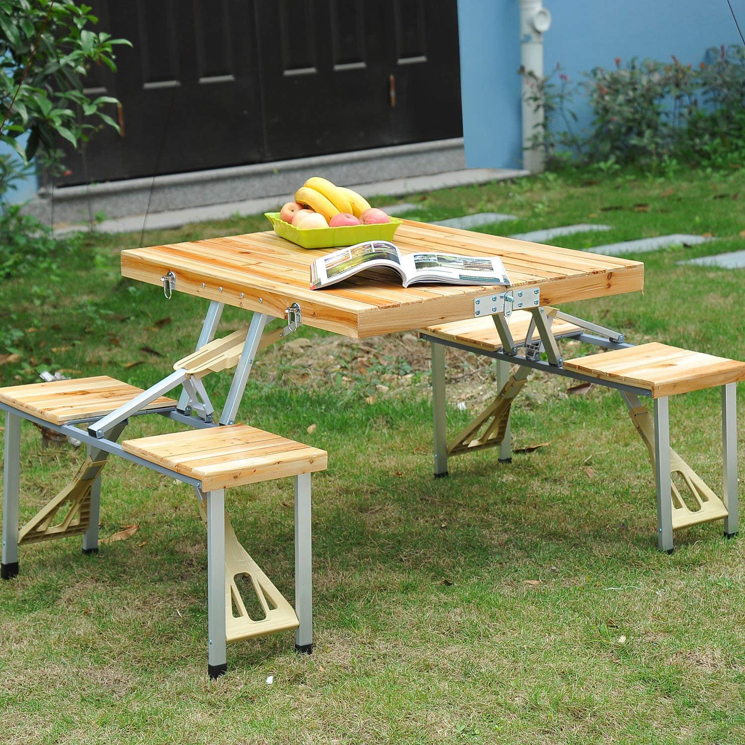 Portable Foldable Camping Picnic Table with Seats Chairs and Umbrella Hole-Wood - Image 3