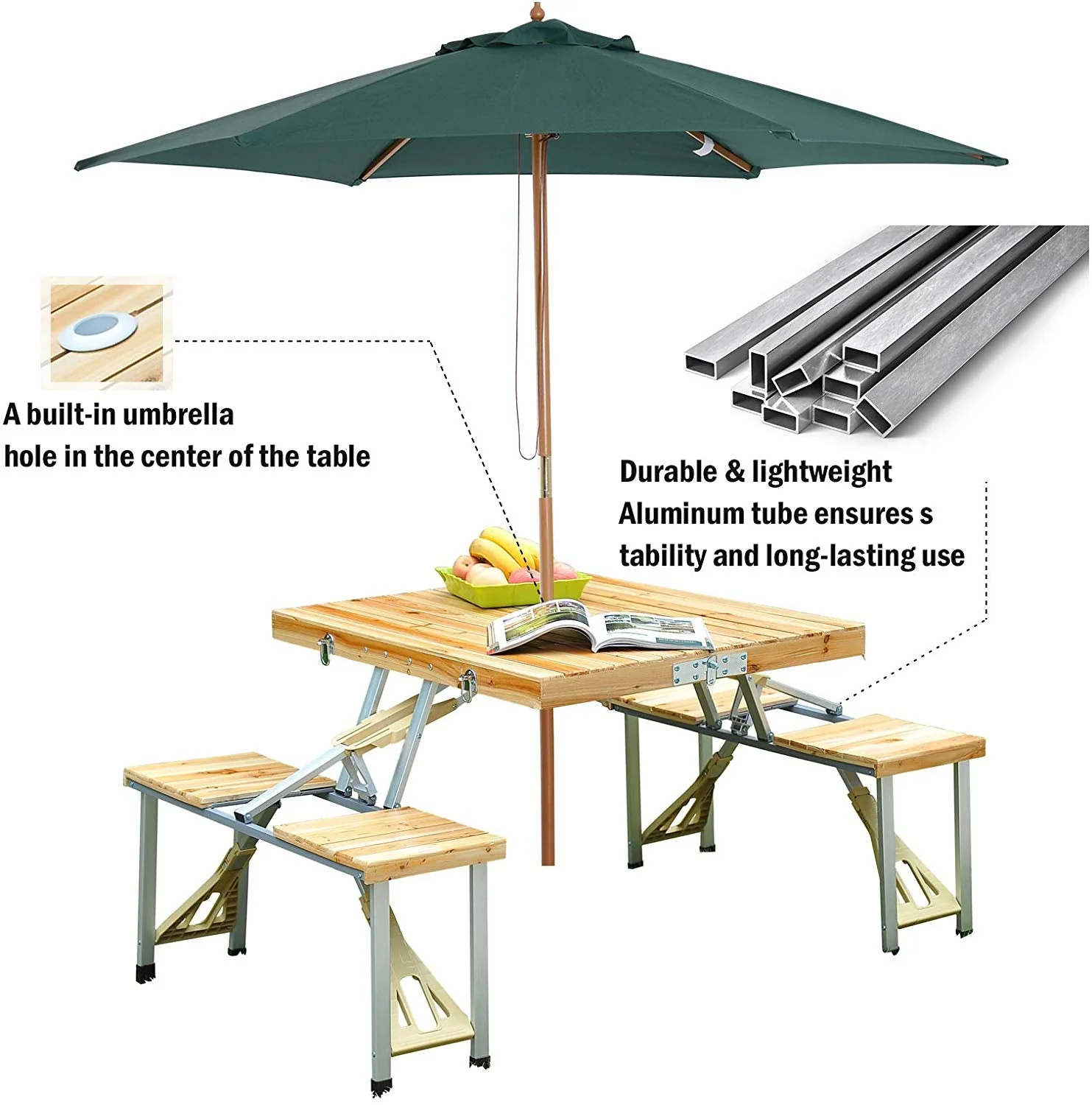 Portable Foldable Camping Picnic Table with Seats Chairs and Umbrella Hole-Wood - Image 4