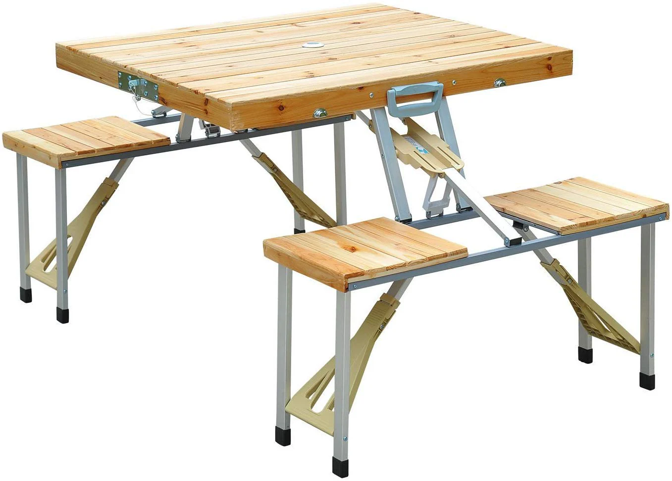 Portable Foldable Camping Picnic Table with Seats Chairs and Umbrella Hole-Wood - Image 5